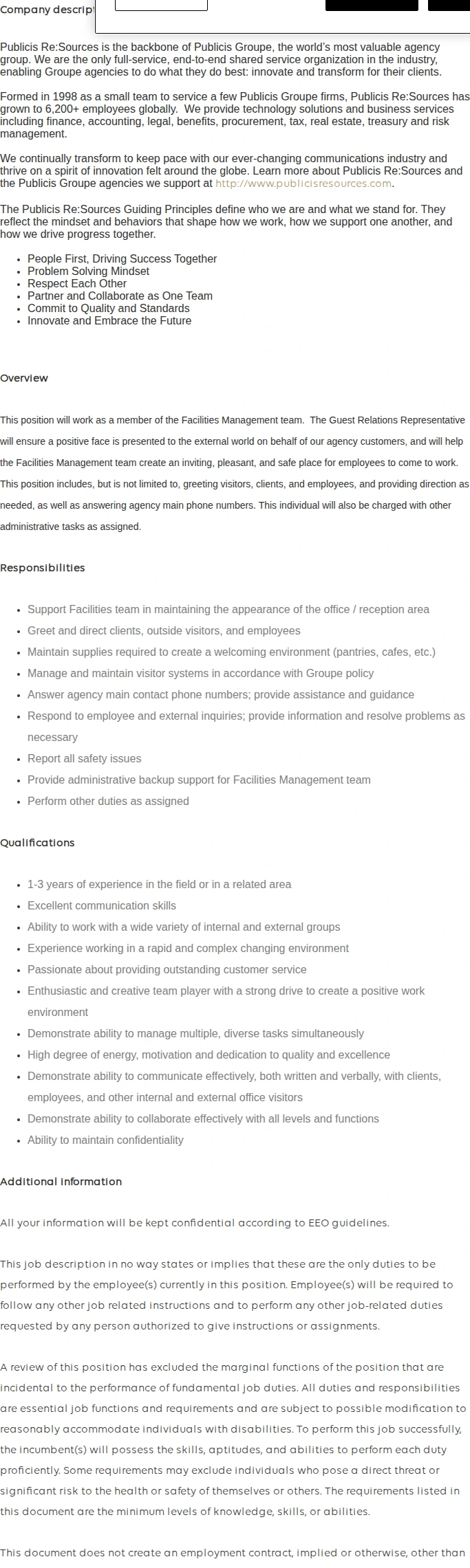 Publicis Groupe Guest Relations Representative 채용공고