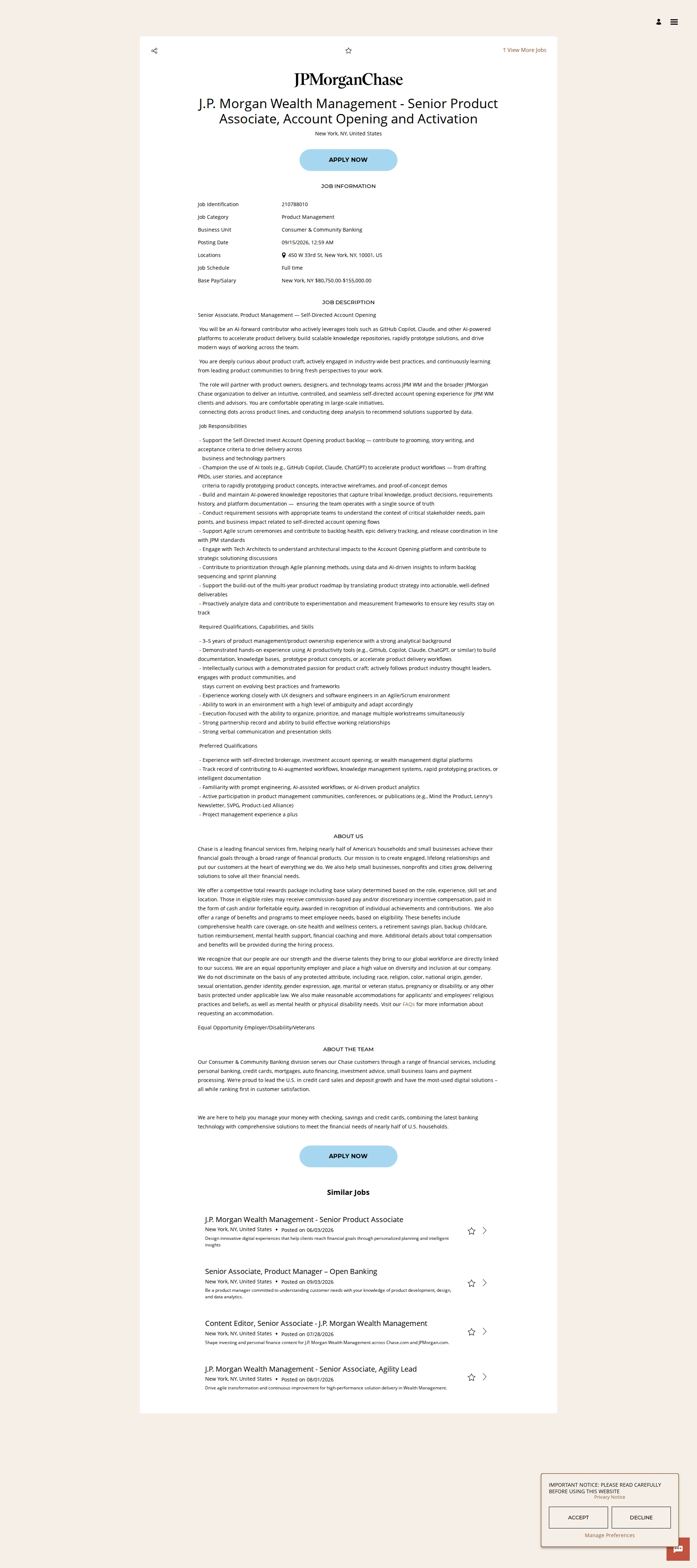 JPMorganChase J.P. Morgan Wealth Management - Senior Product Associate, Account Opening and Activation 채용공고