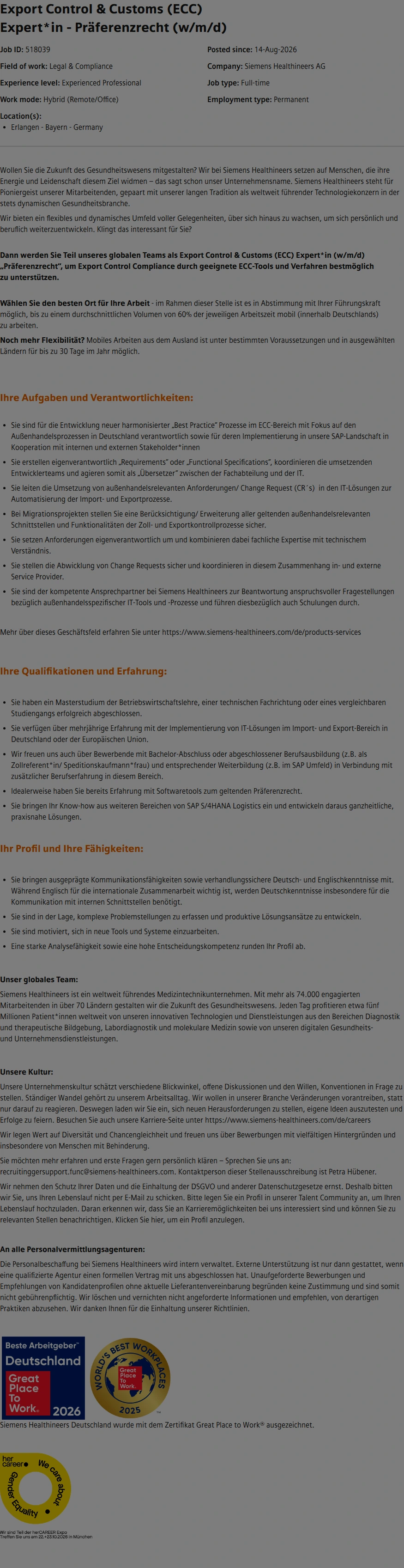 SiemensHealthineers Export Control & Customs (ECC) Expert*in - Präferenzrecht (w/m/d) 채용공고