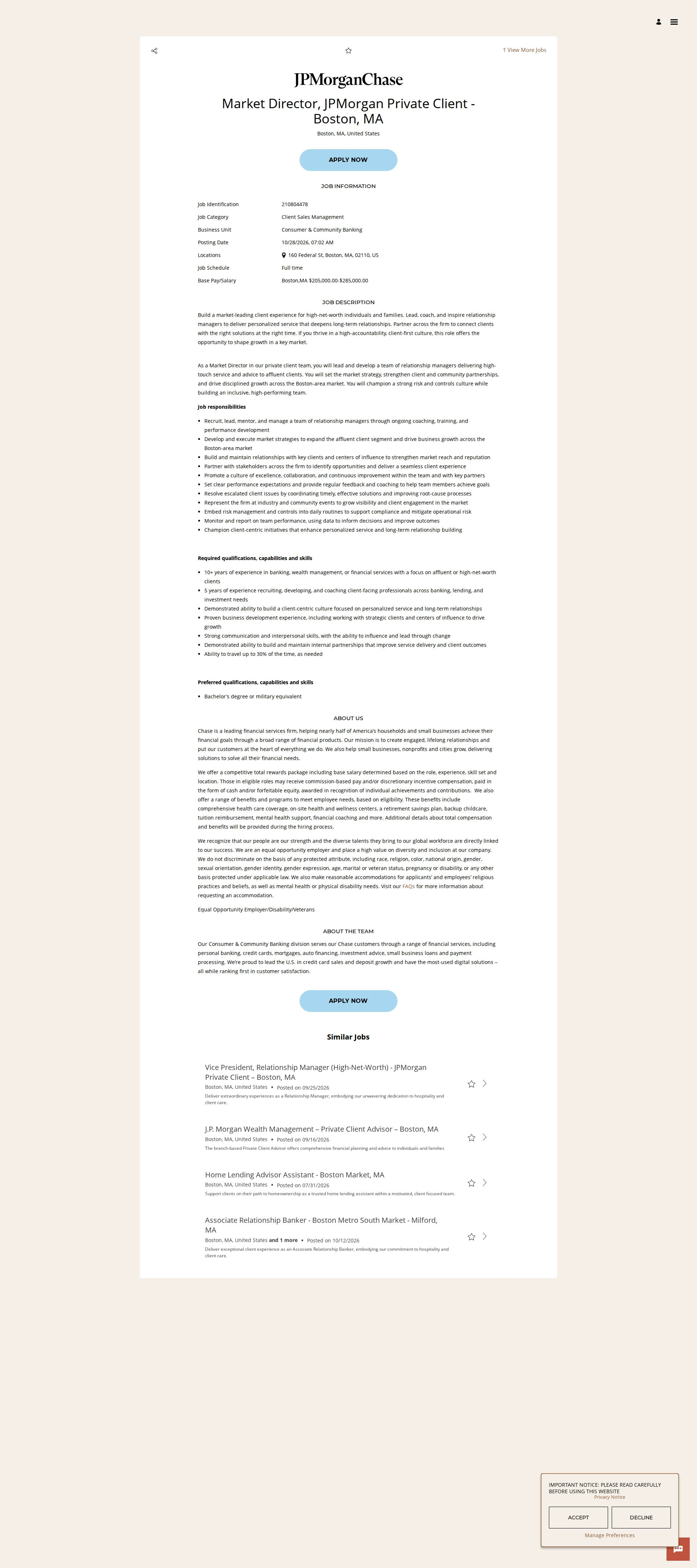 JPMorganChase Market Director, JPMorgan Private Client - Boston, MA 채용공고