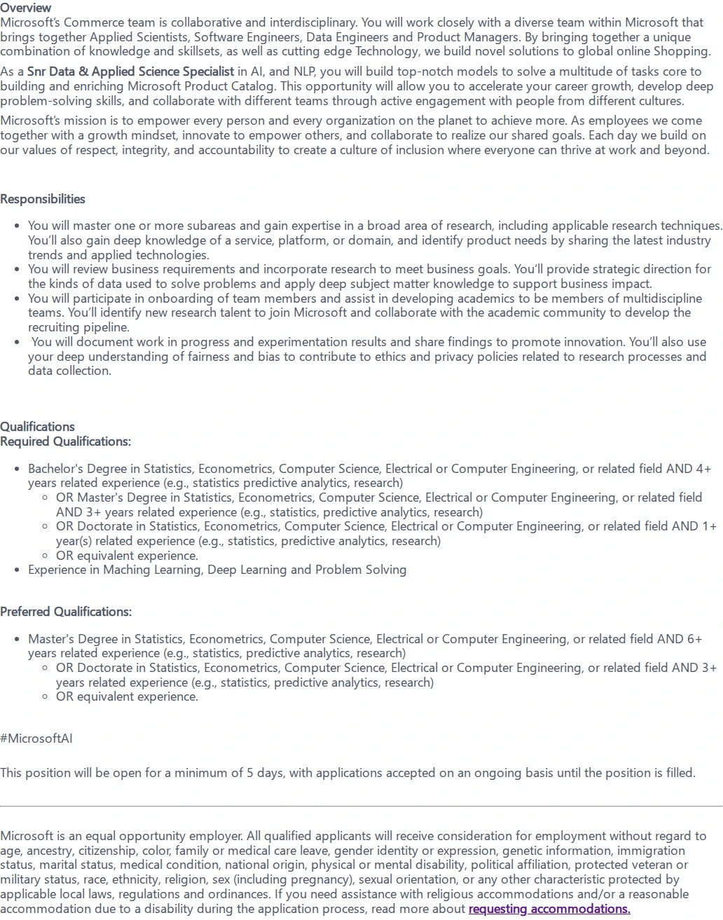 마이크로소프트(Microsoft) Snr Data & Applied Scientist (Shopping) 채용공고