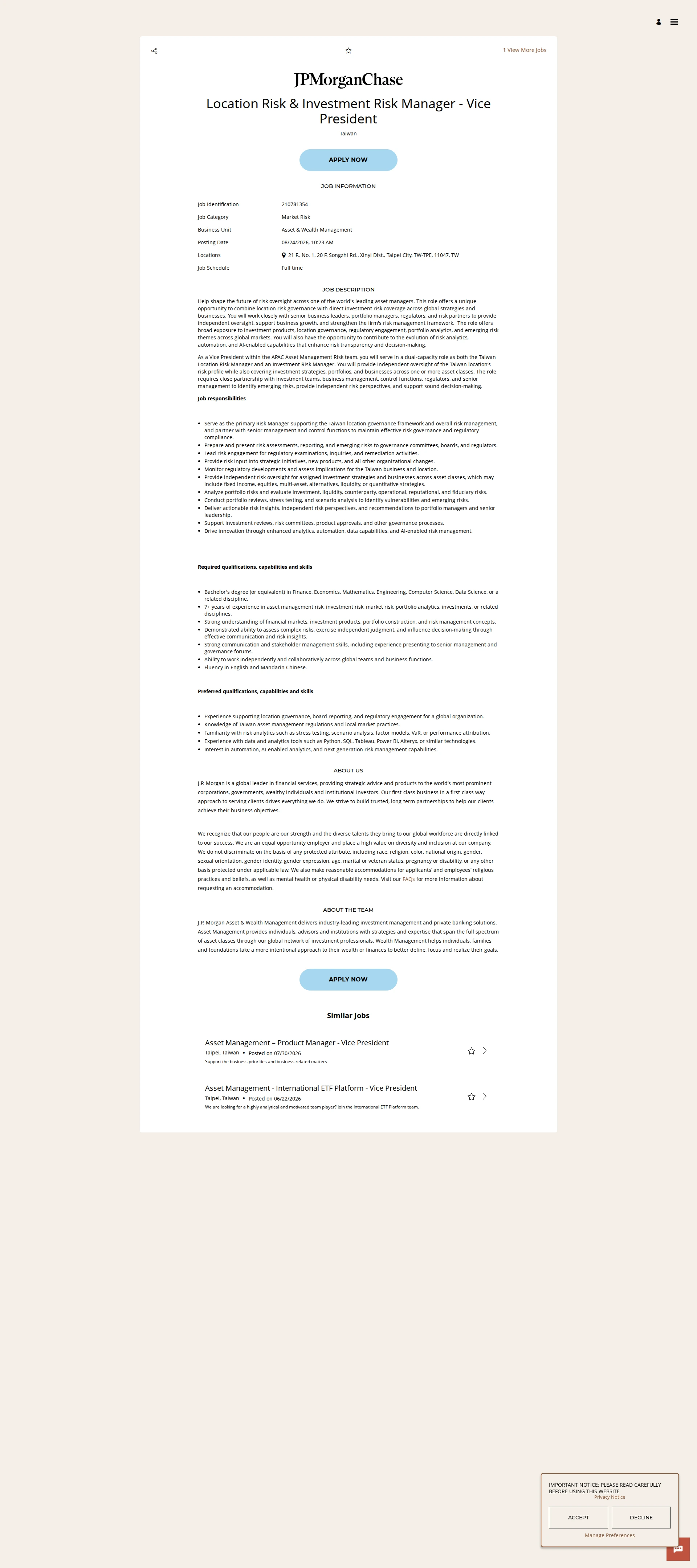 JPMorganChase Location Risk & Investment Risk Manager - Vice President 채용공고