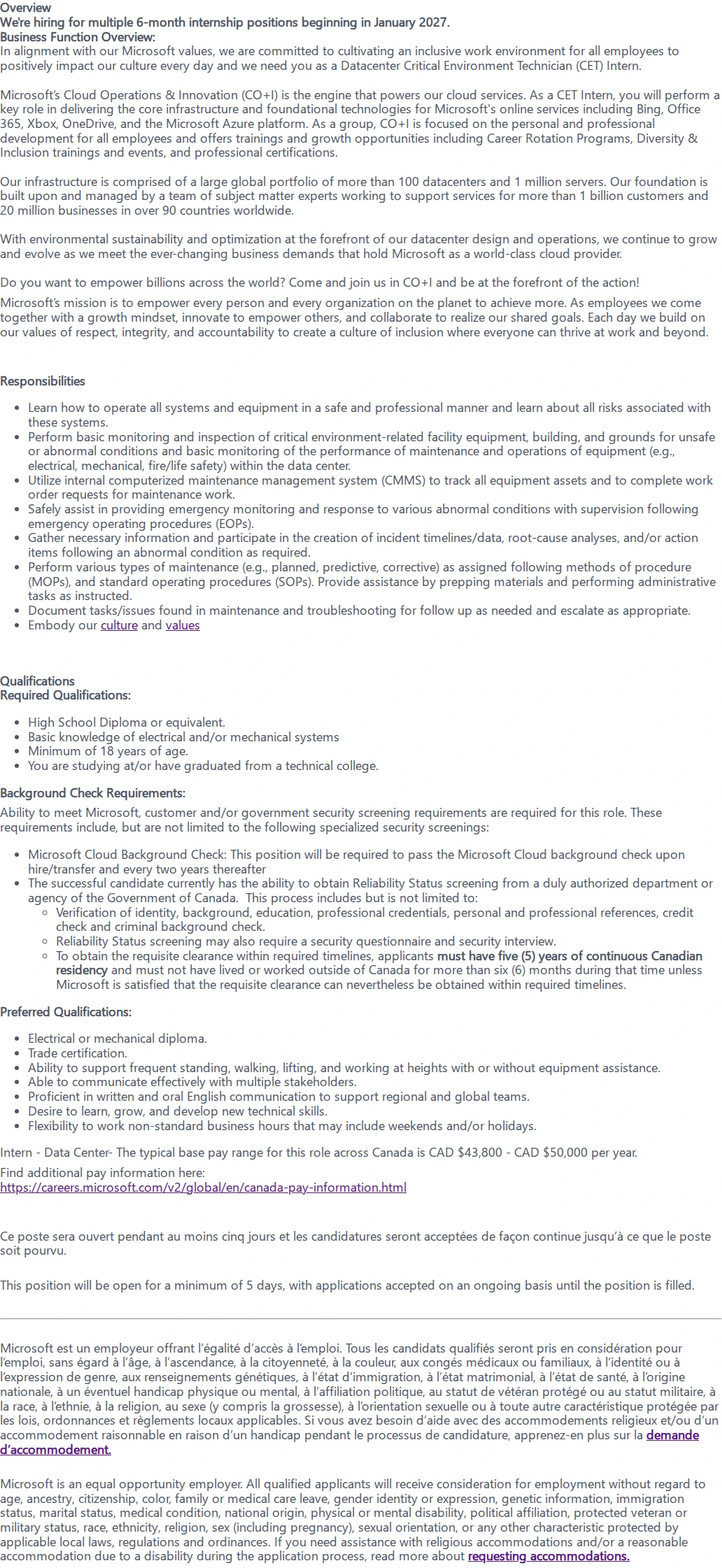 마이크로소프트(Microsoft) Critical Environment Ops INTERN 채용공고