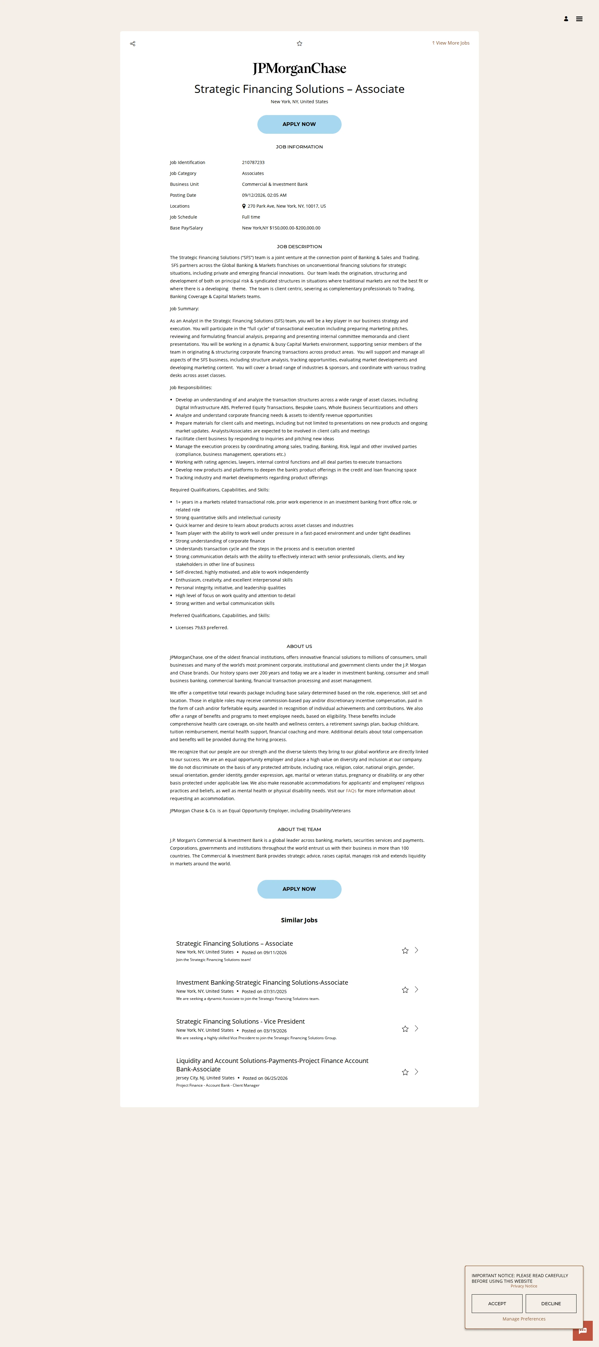JPMorganChase Strategic Financing Solutions – Associate 채용공고