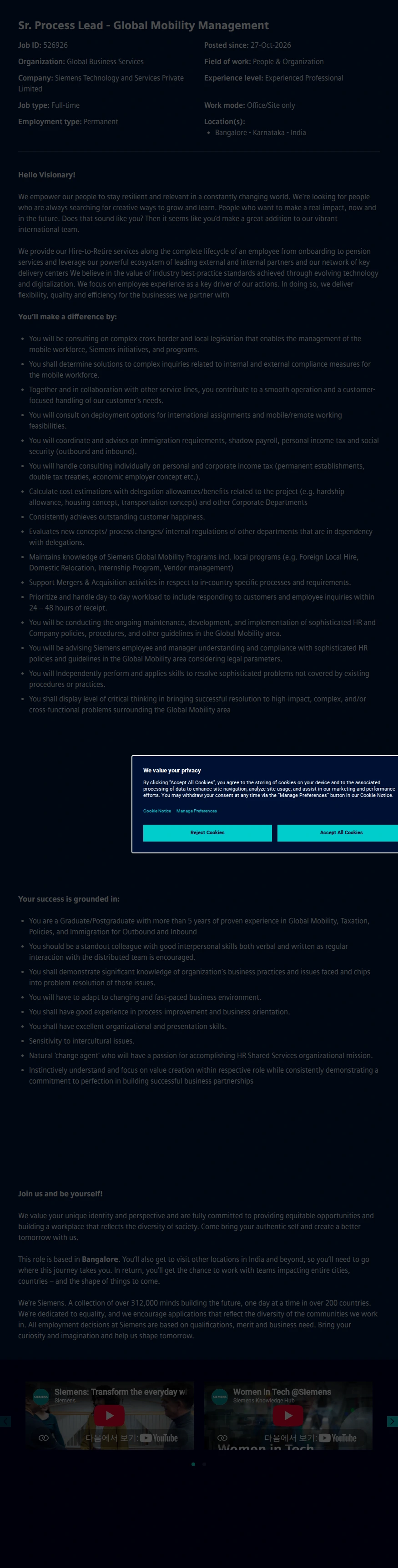 지멘스 Sr. Process Lead - Global Mobility Management 채용공고