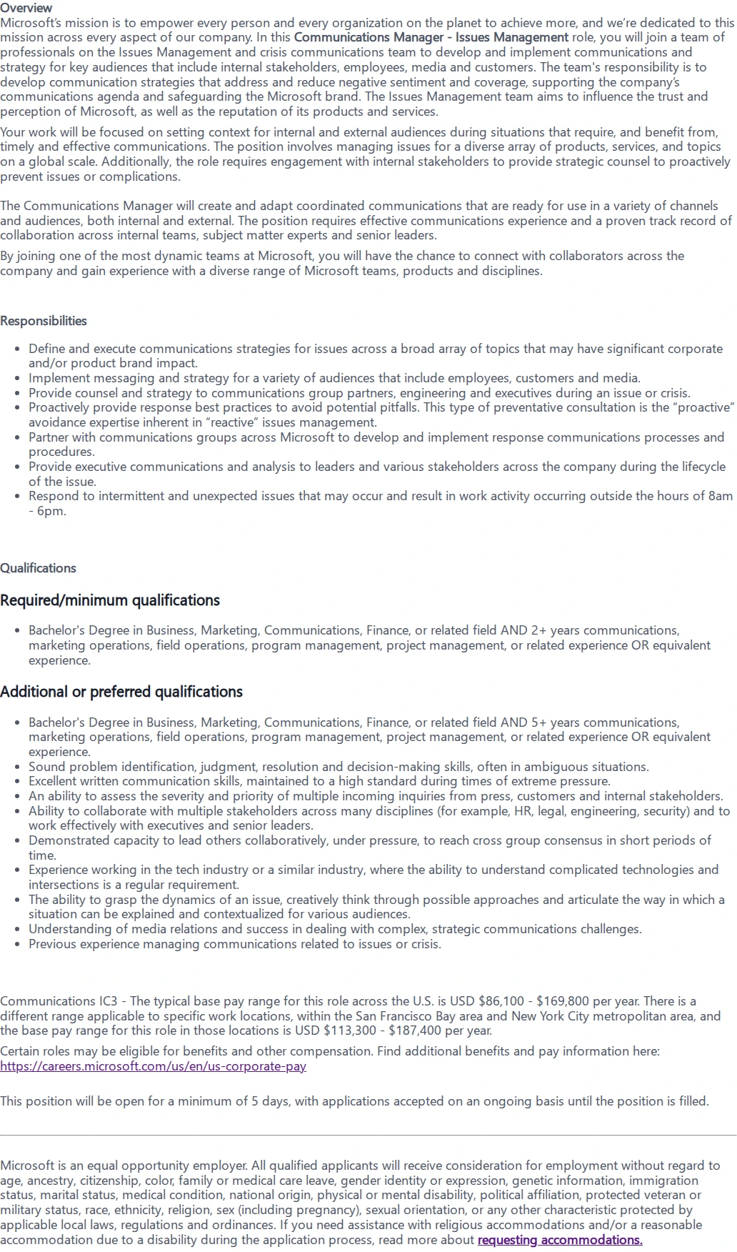 마이크로소프트(Microsoft) Communications Manager - Issues Management 채용공고