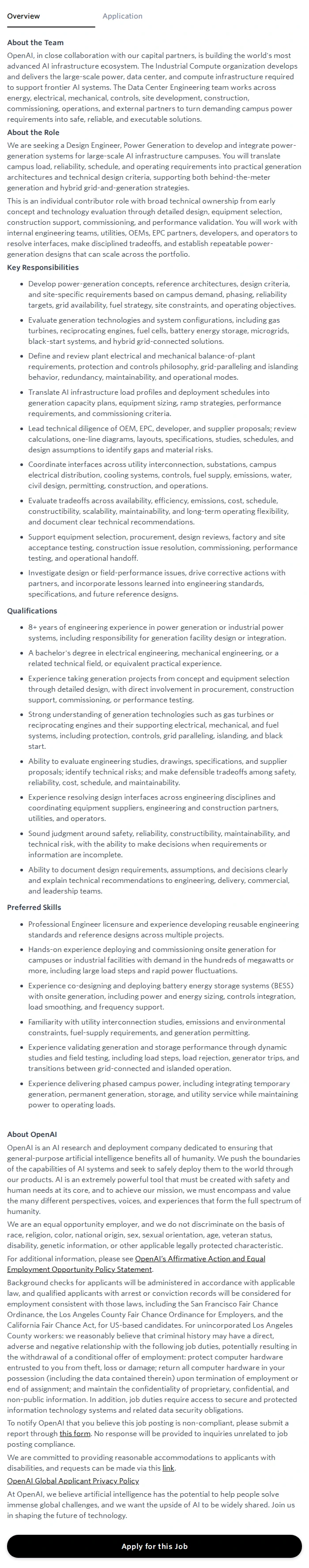 오픈에이아이(OpenAI) Design Engineer: Power Generation 채용공고
