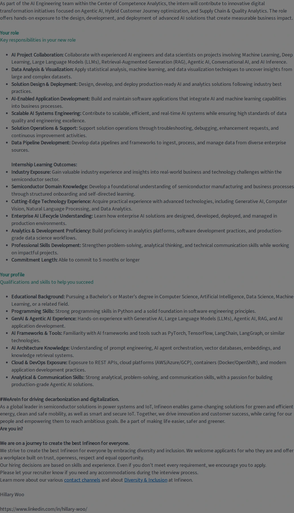 인피니언테크놀로지스코리아 Internship - AI Engineering 채용공고