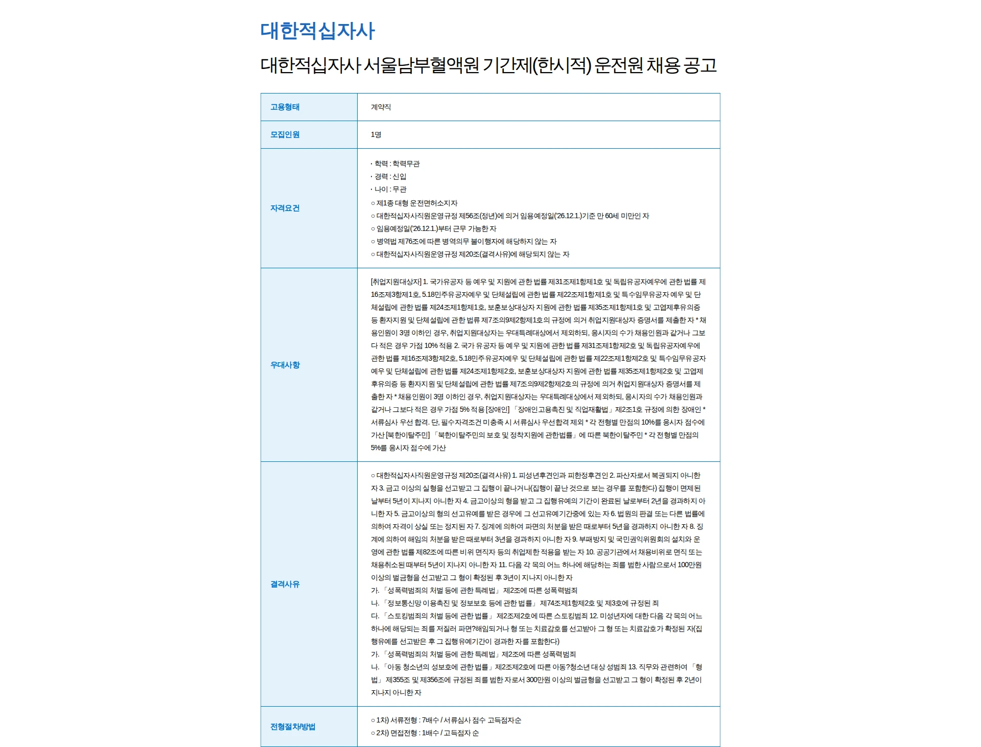 대한적십자사 대한적십자사 서울남부혈액원 기간제(한시적) 운전원 채용 공고 채용공고