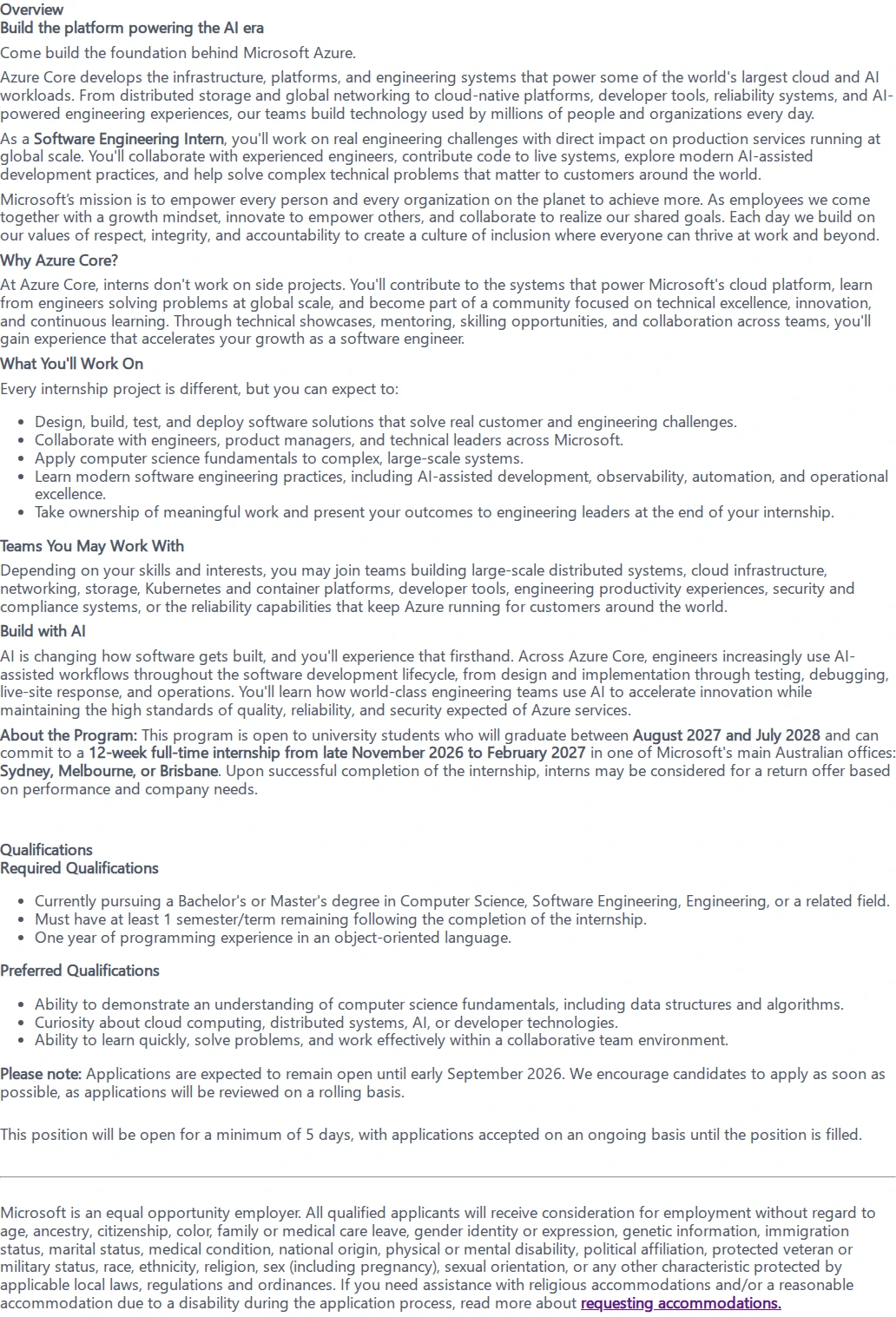 마이크로소프트(Microsoft) Software Engineering Intern - Azure Core 채용공고