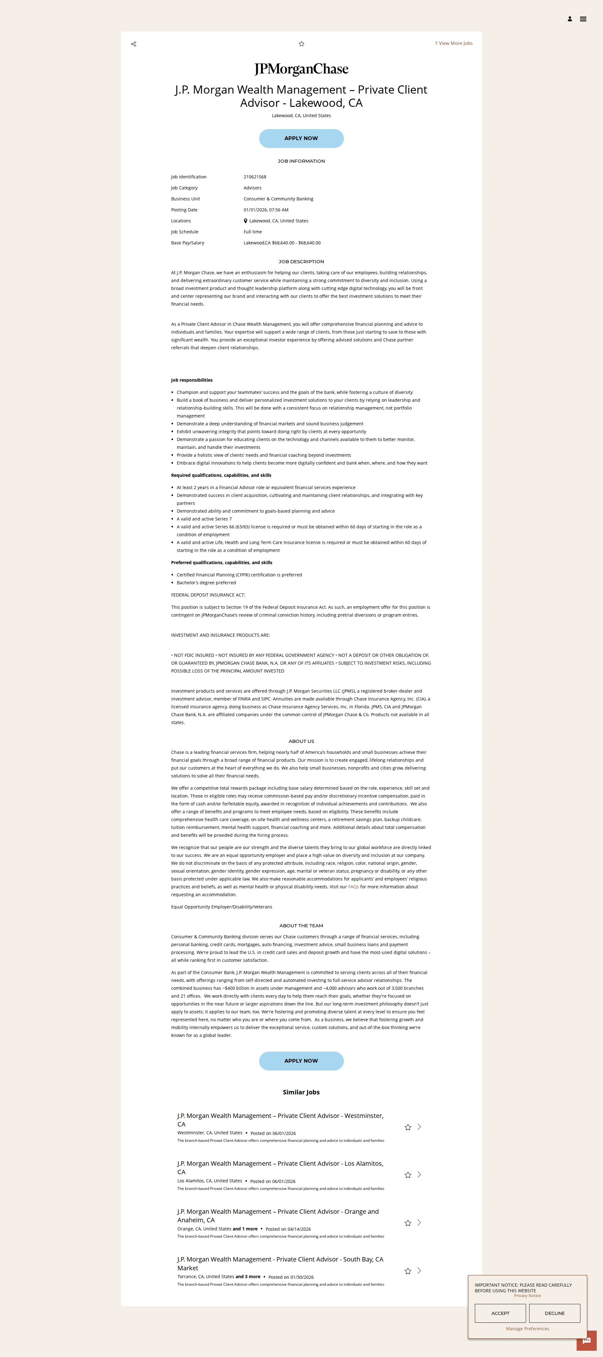 JPMorganChase J.P. Morgan Wealth Management – Private Client Advisor - Lakewood, CA 채용공고
