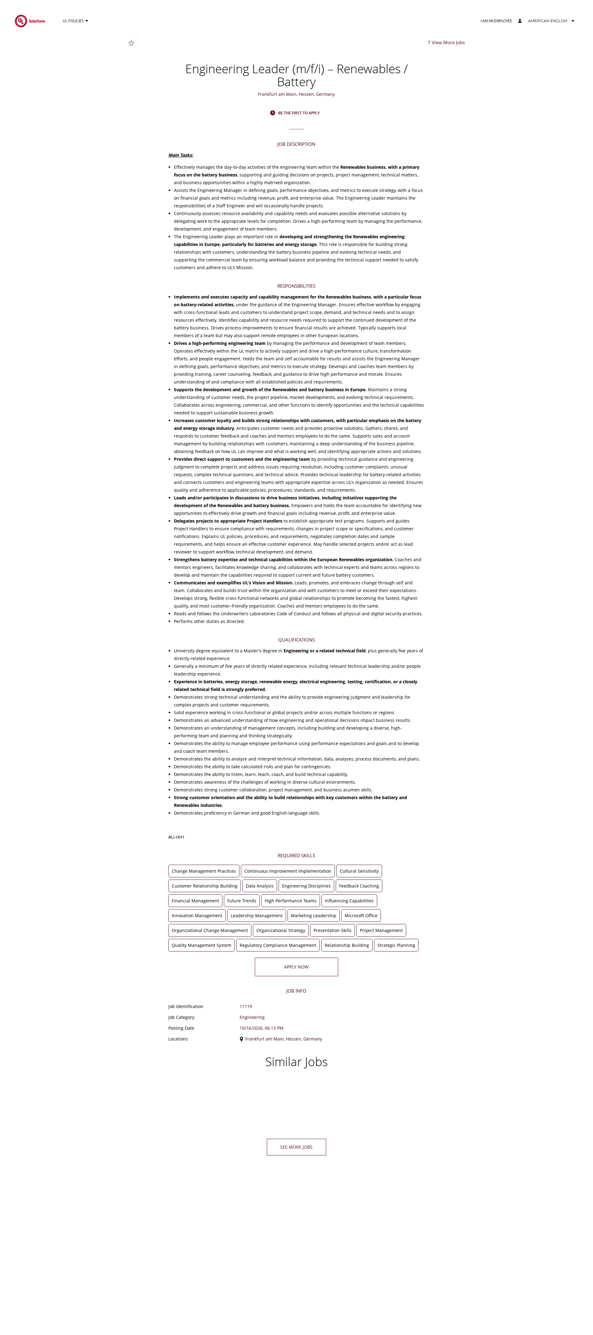 UL Solutions Engineering Leader (m/f/i) – Renewables / Battery 채용공고