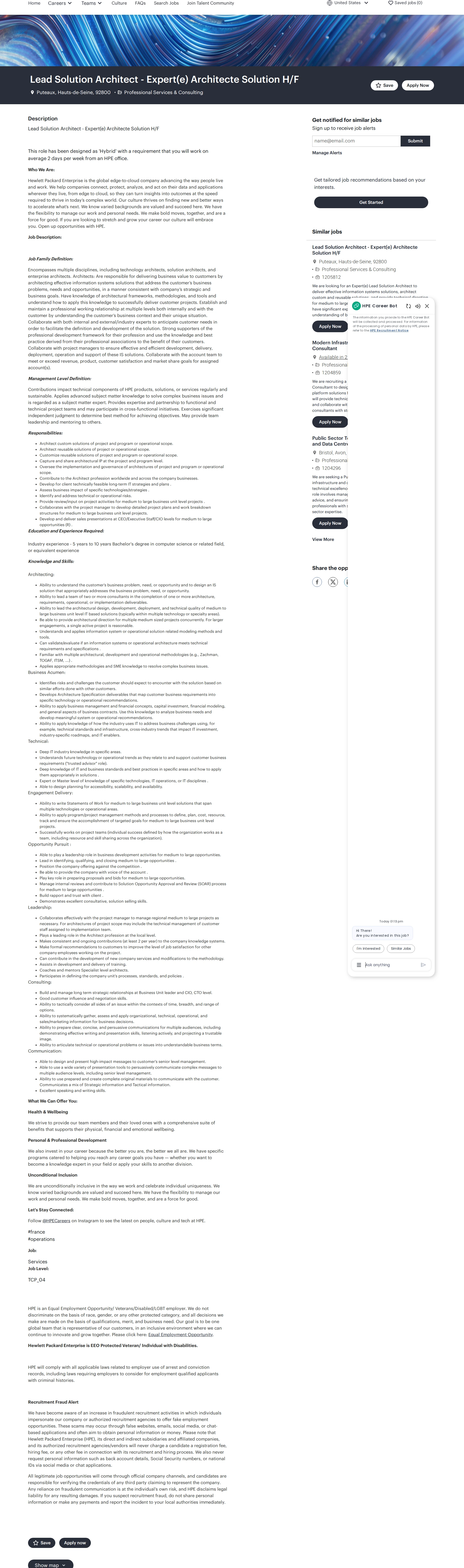 HP Lead Solution Architect - Expert(e) Architecte Solution H/F 채용공고