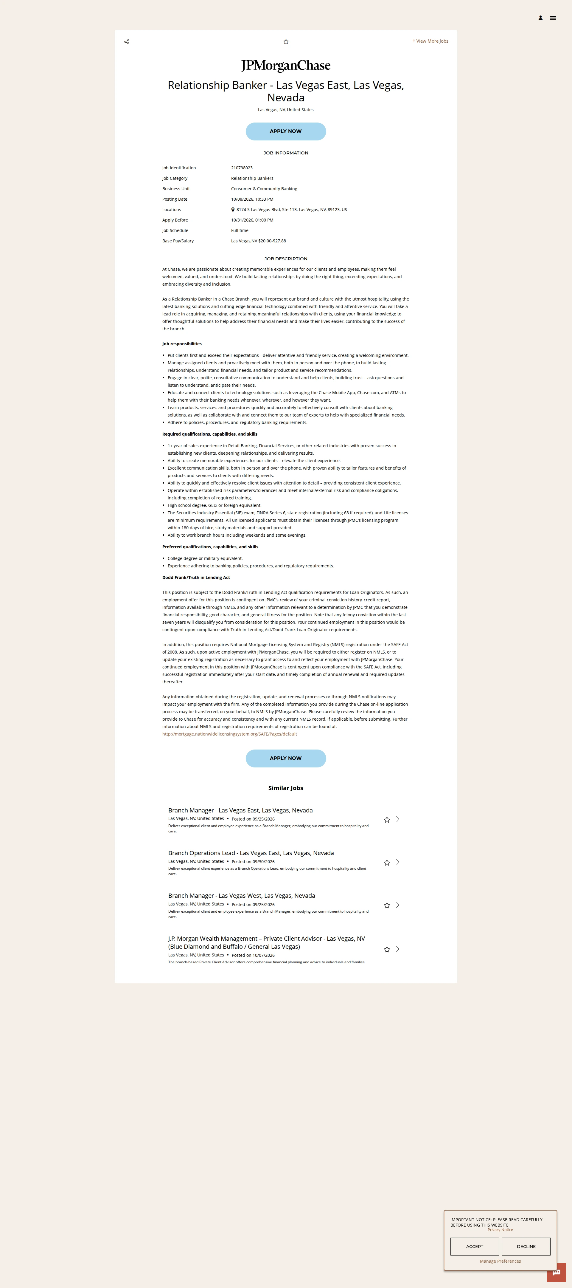 JPMorganChase Relationship Banker - Las Vegas East, Las Vegas, Nevada 채용공고