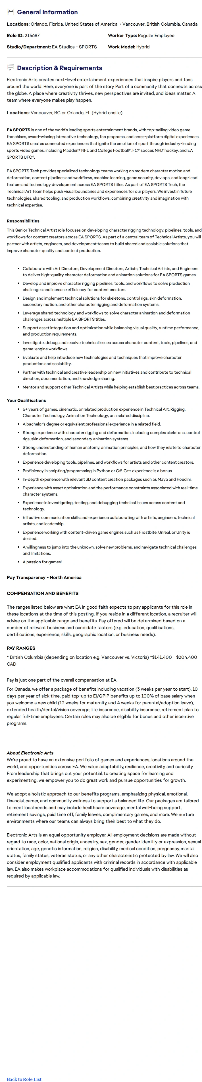 ElectronicArts Senior Technical Artist – Character Rigging & Technology 채용공고