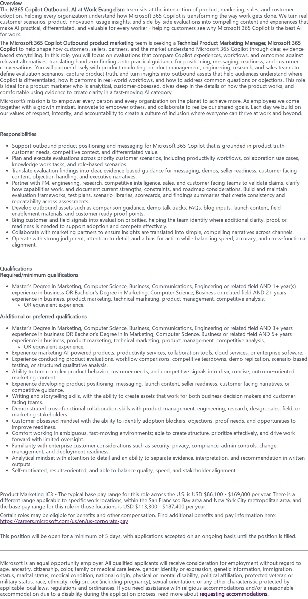 마이크로소프트(Microsoft) Technical Product Marketing Manager, Microsoft 365 Copilot 채용공고