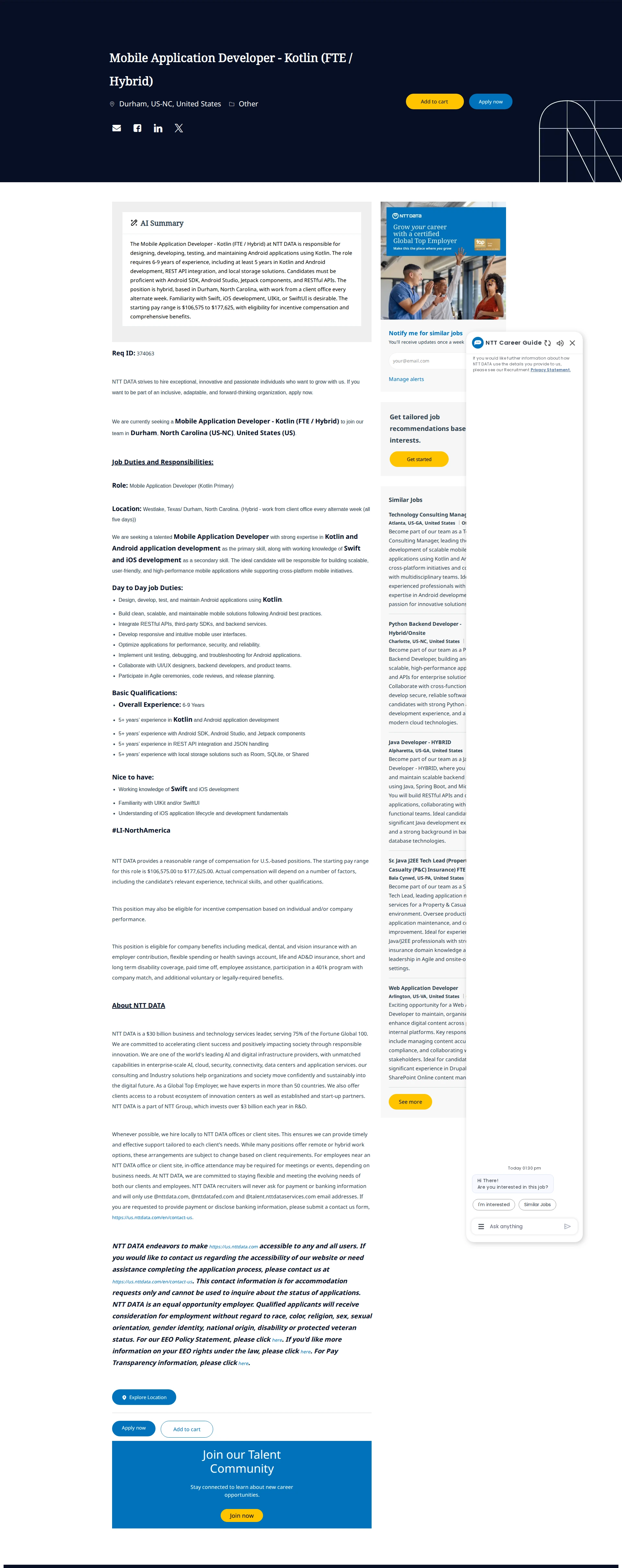 NTT데이터 Mobile Application Developer - Kotlin (FTE / Hybrid) 채용공고