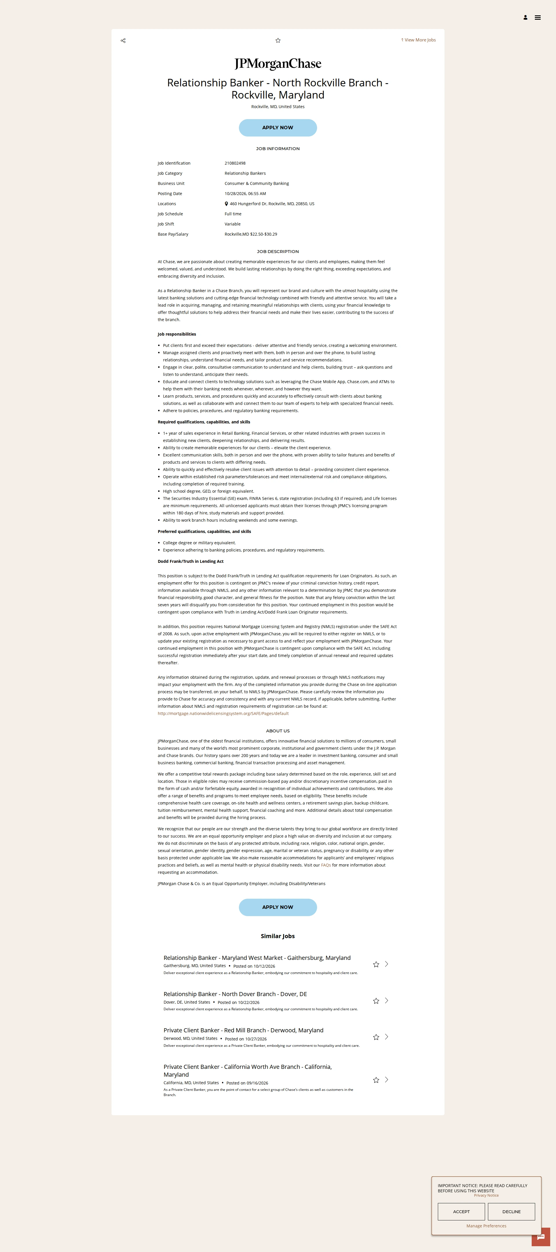 JPMorganChase Relationship Banker - North Rockville Branch - Rockville, Maryland 채용공고