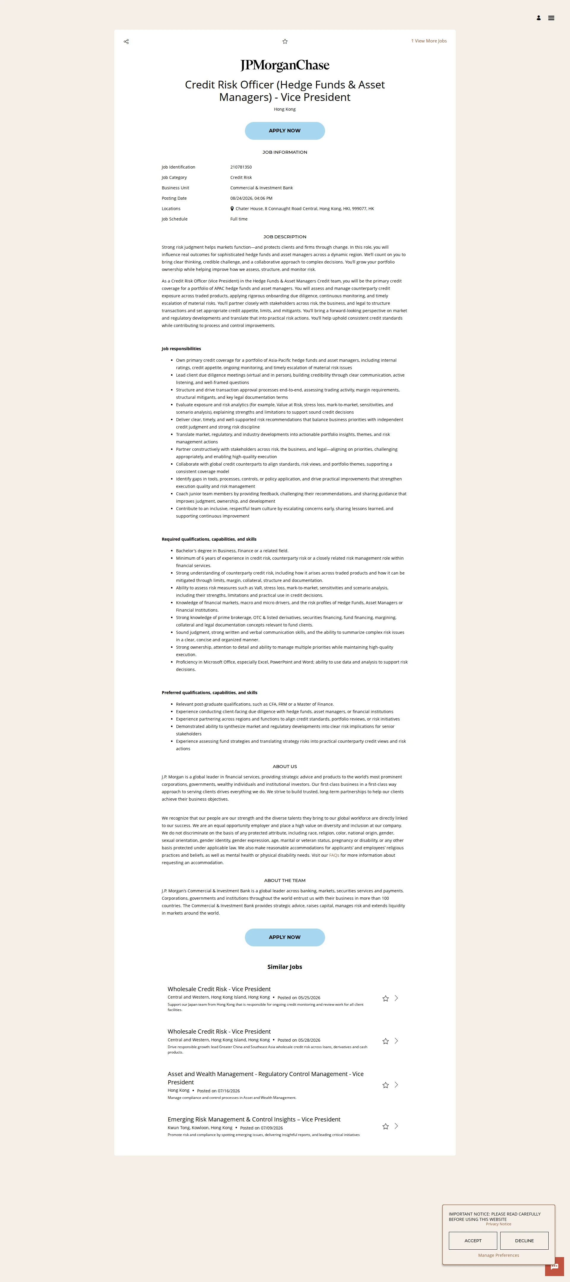 JPMorganChase Credit Risk Officer (Hedge Funds & Asset Managers) - Vice President 채용공고