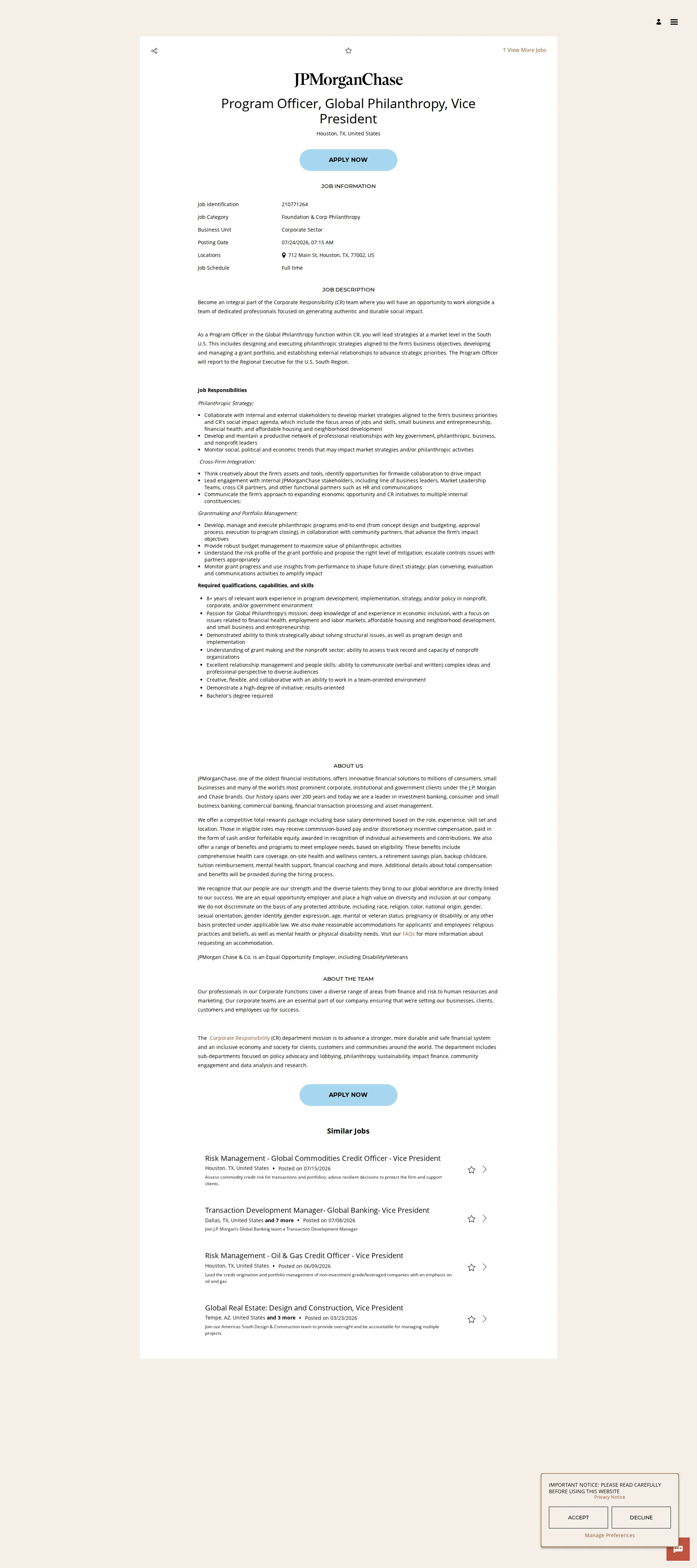 JPMorganChase Program Officer, Global Philanthropy, Vice President 채용공고