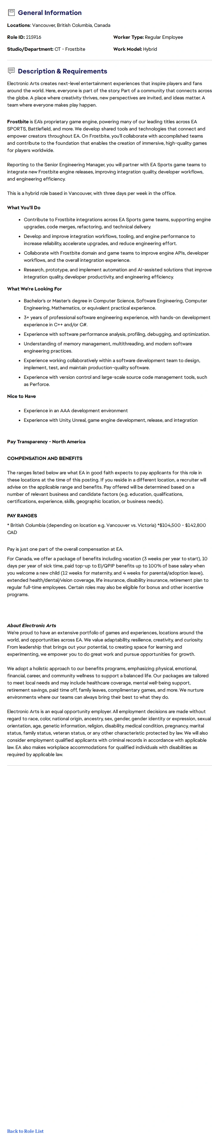 ElectronicArts Software Engineer - Frostbite Integration 채용공고
