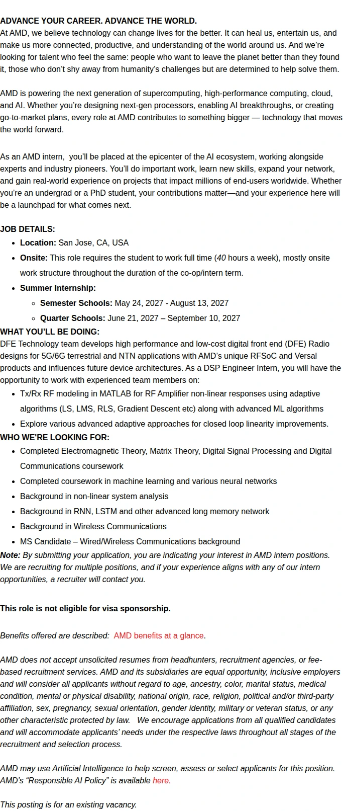 AMD Summer 2027 Masters Digital Signal Processing Engineer Intern 채용공고