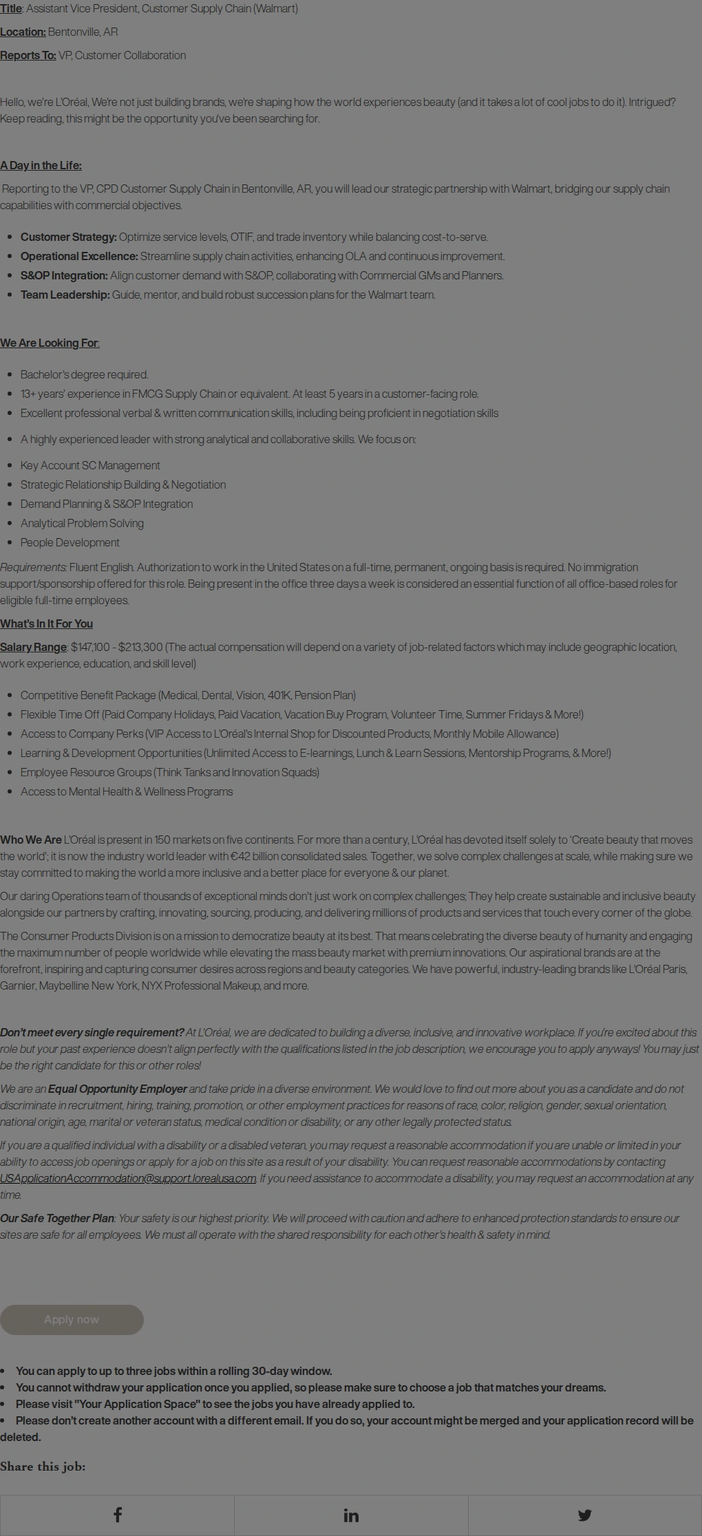 로레알(L'Oreal) Assistant Vice President, Customer Supply Chain (Walmart), L'Oréal Operations 채용공고
