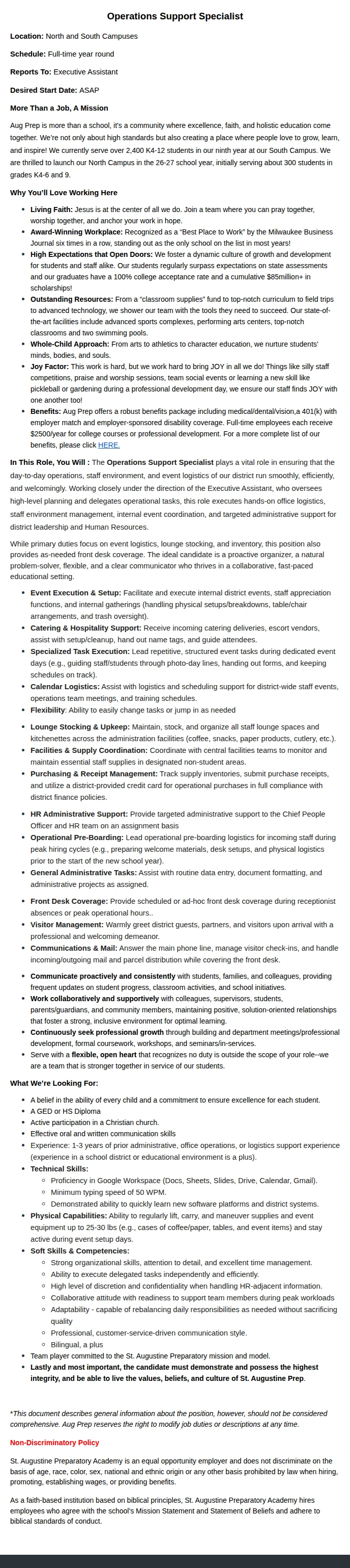 St. Augustine Preparatory Academy 26-27 Operations Support Specialist 채용공고