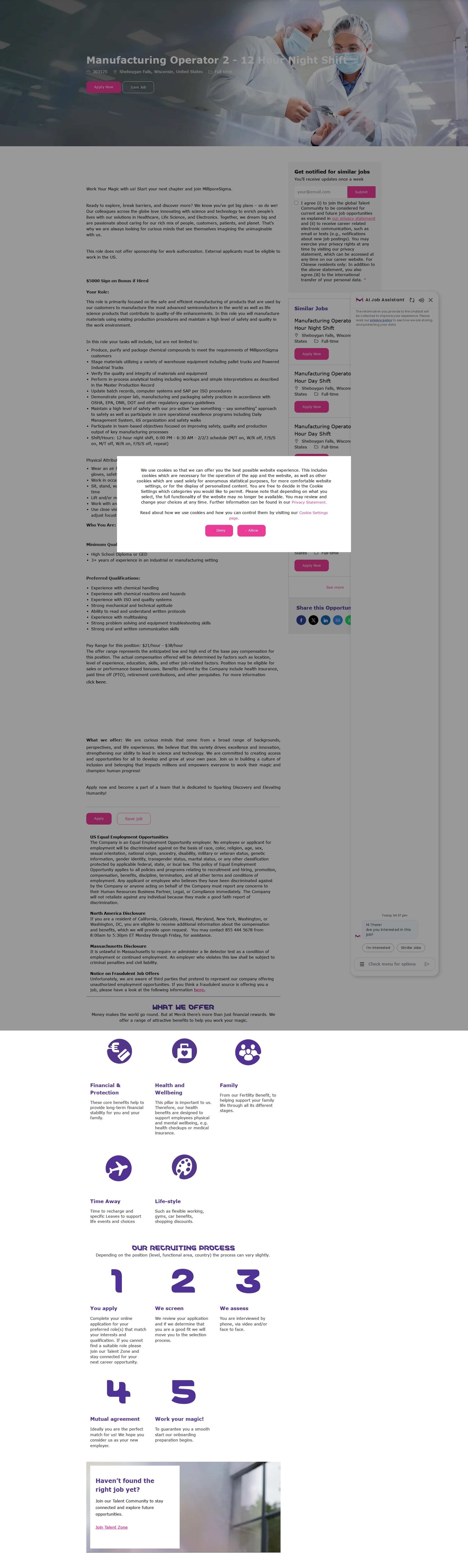 머크 Manufacturing Operator 2 - 12 Hour Night Shift 채용공고