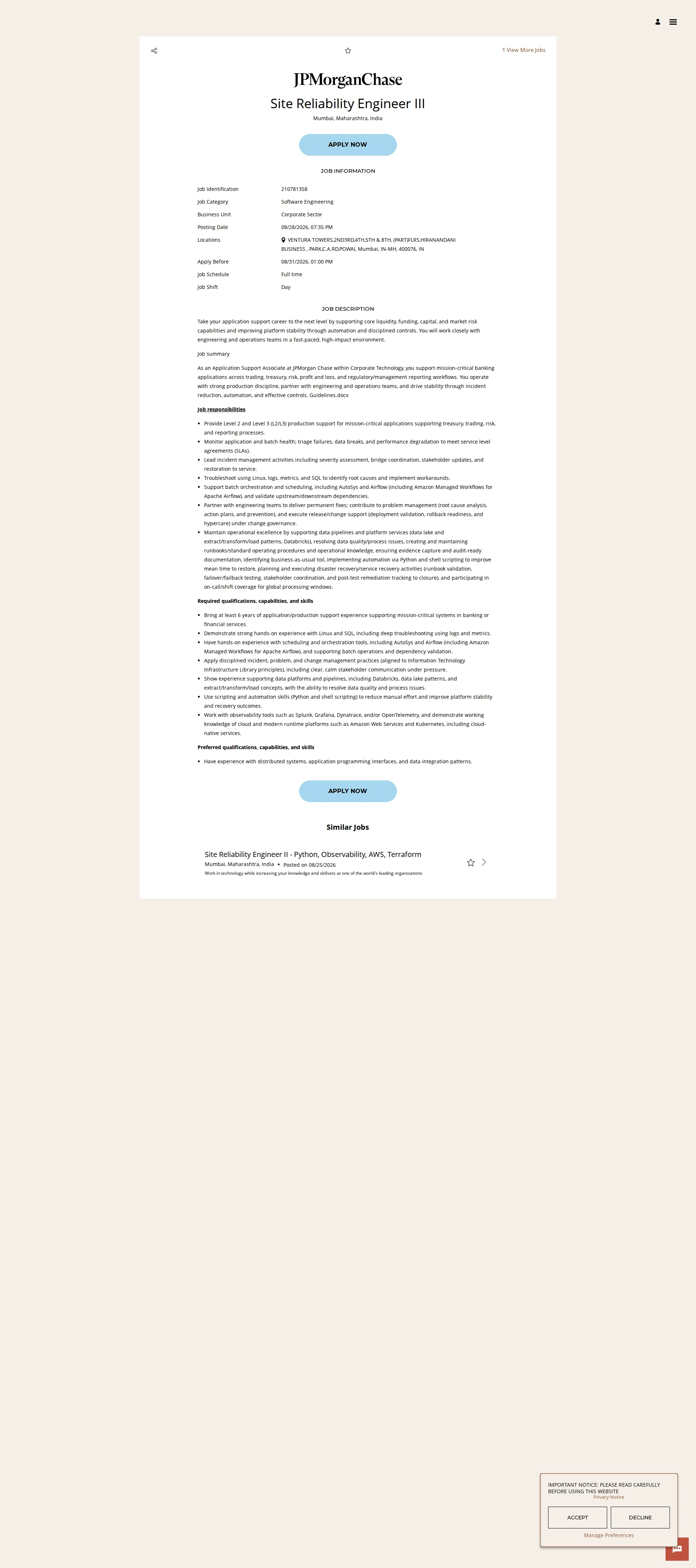JPMorganChase Site Reliability Engineer III 채용공고