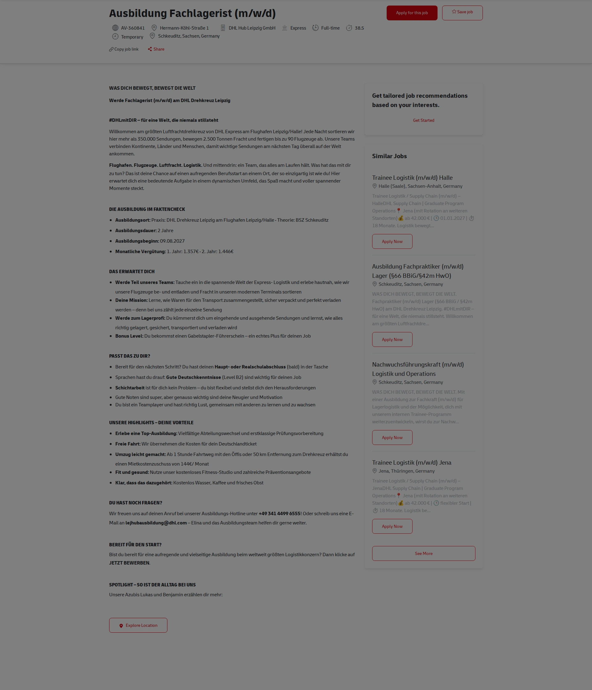 DHL Ausbildung Fachlagerist (m/w/d) 채용공고