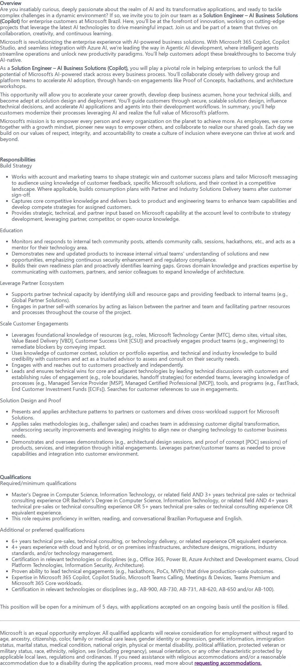마이크로소프트(Microsoft) Solution Engineer - AI Business Solutions (Copilot) 채용공고