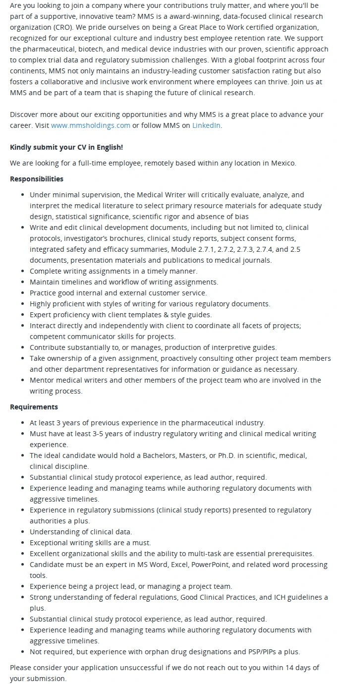 MMS Senior Medical Writer (Remote - Mexico) 채용공고