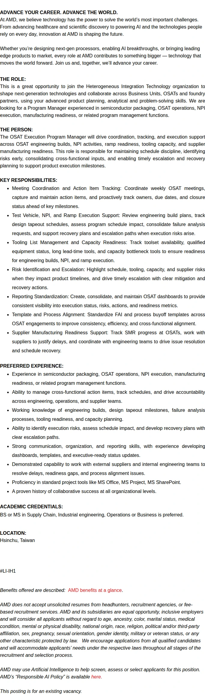 AMD OSAT Execution Program Manager 채용공고