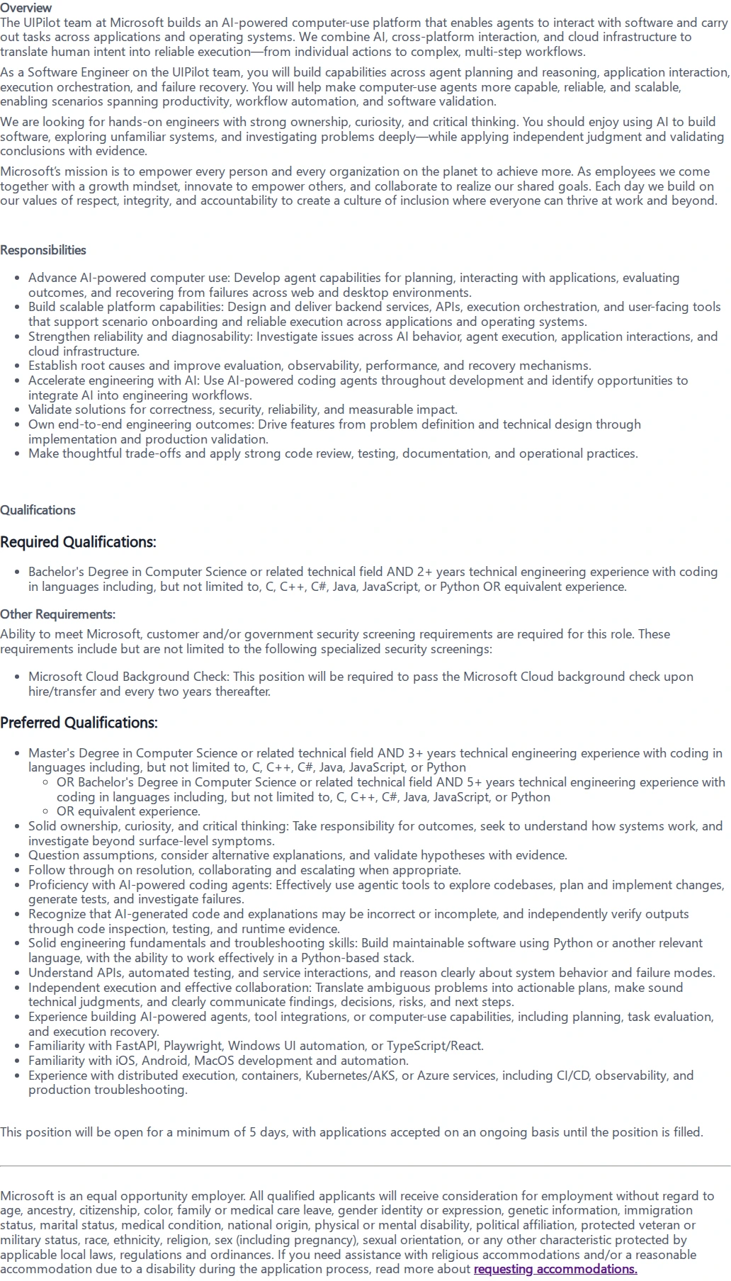 마이크로소프트(Microsoft) Software Engineer 2--M365 UIPilot team 채용공고