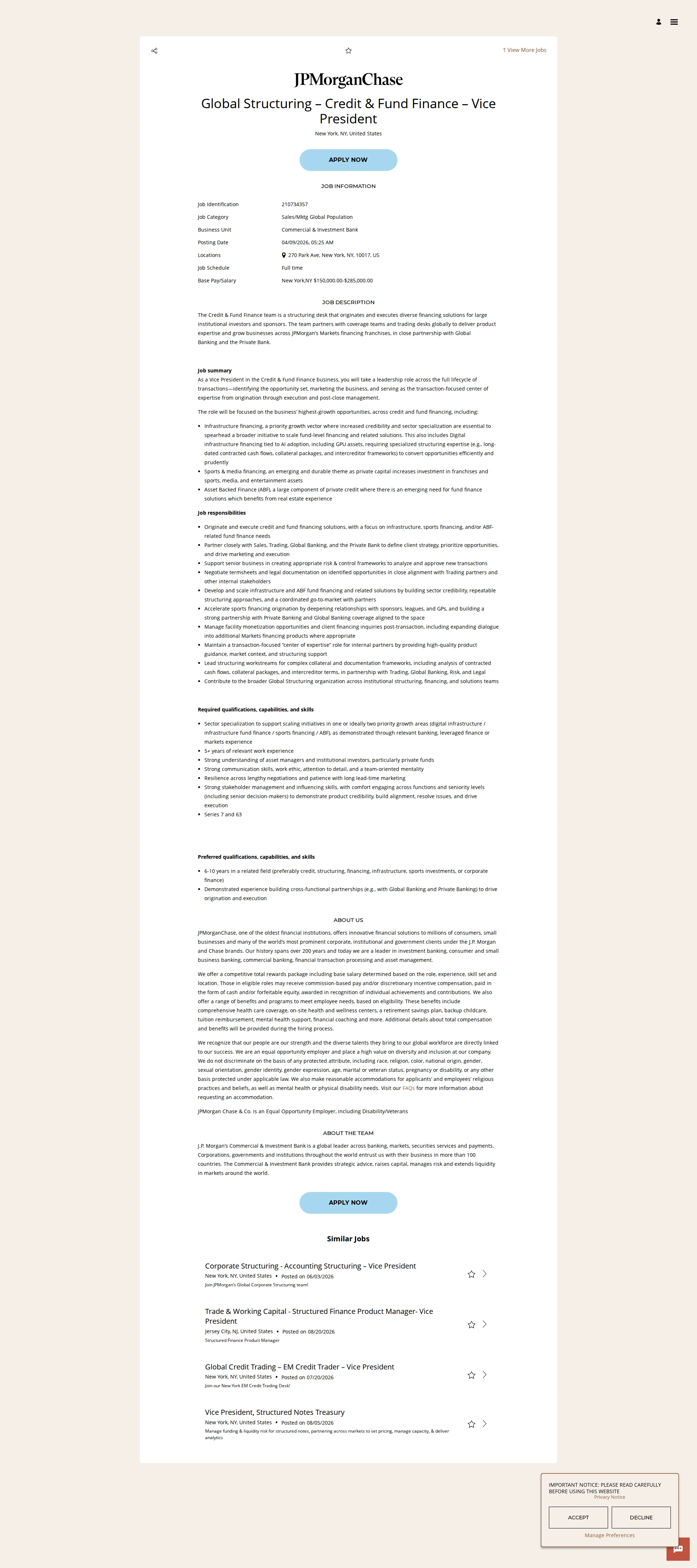 JPMorganChase Global Structuring – Credit & Fund Finance – Vice President 채용공고