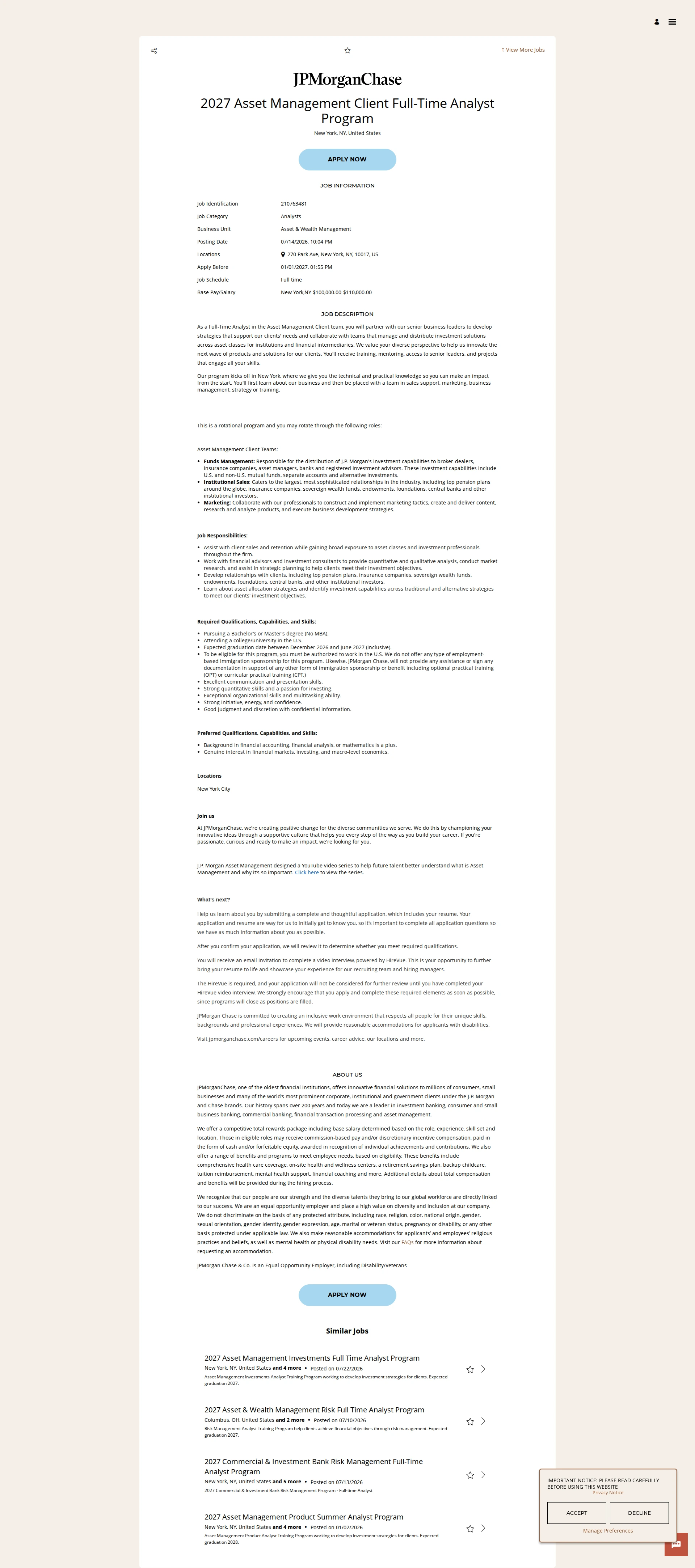 JPMorganChase 2027 Asset Management Client Full-Time Analyst Program 채용공고