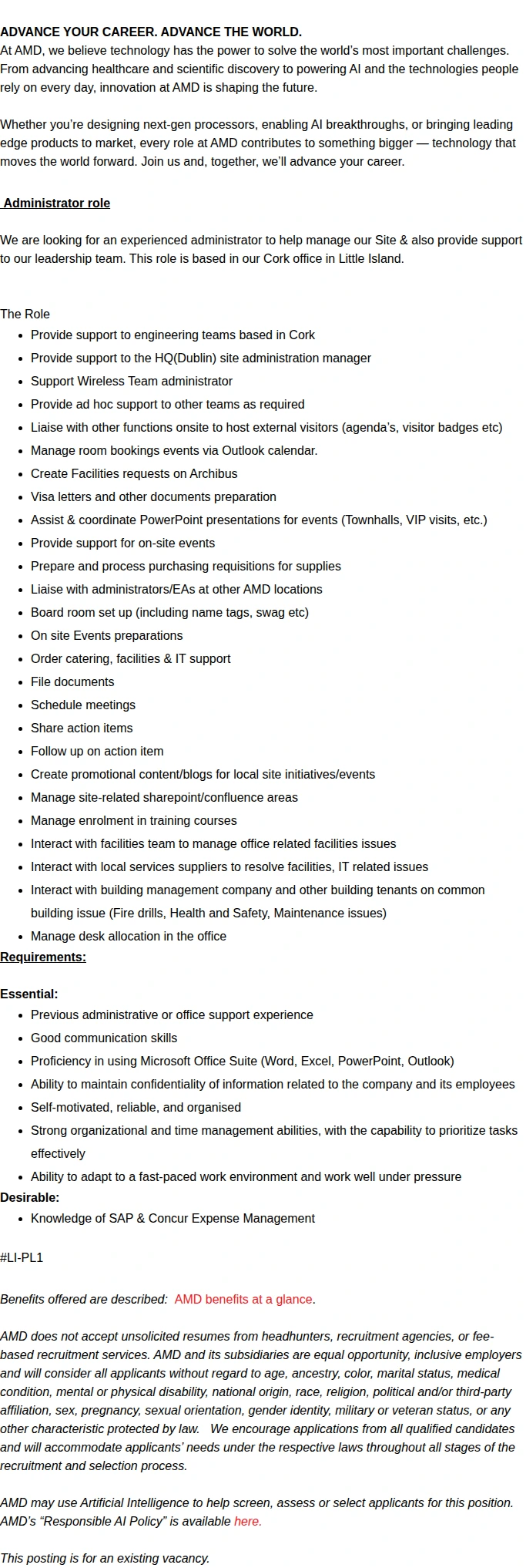 AMD Administration & Support Coordinator 2 채용공고