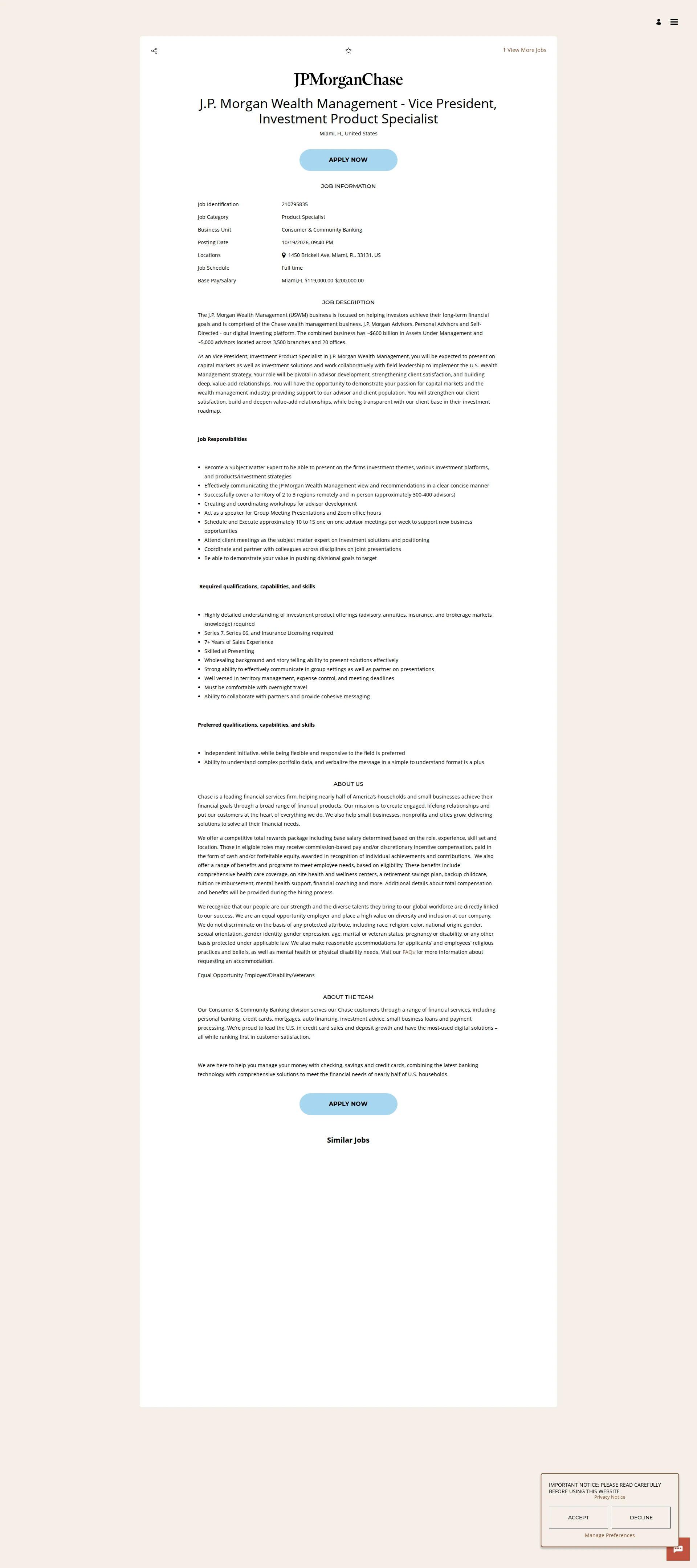 JPMorganChase J.P. Morgan Wealth Management - Vice President, Investment Product Specialist 채용공고