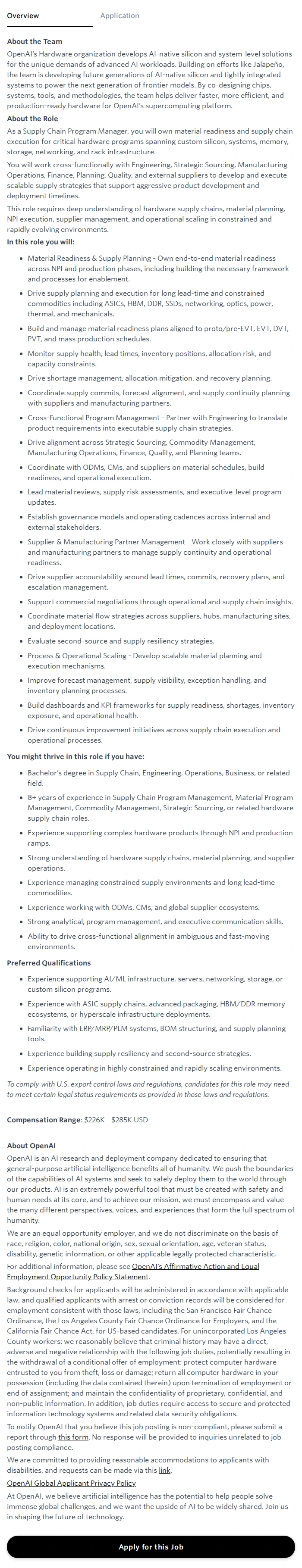 오픈에이아이(OpenAI) Supply Chain Program Manager (SCPM) - AI Infrastructure 채용공고