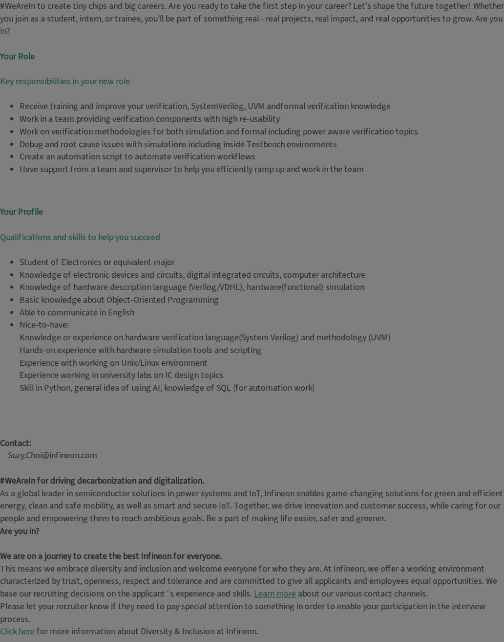 인피니언테크놀로지스코리아 Internship - Digital IP Verification Infrastructure 채용공고