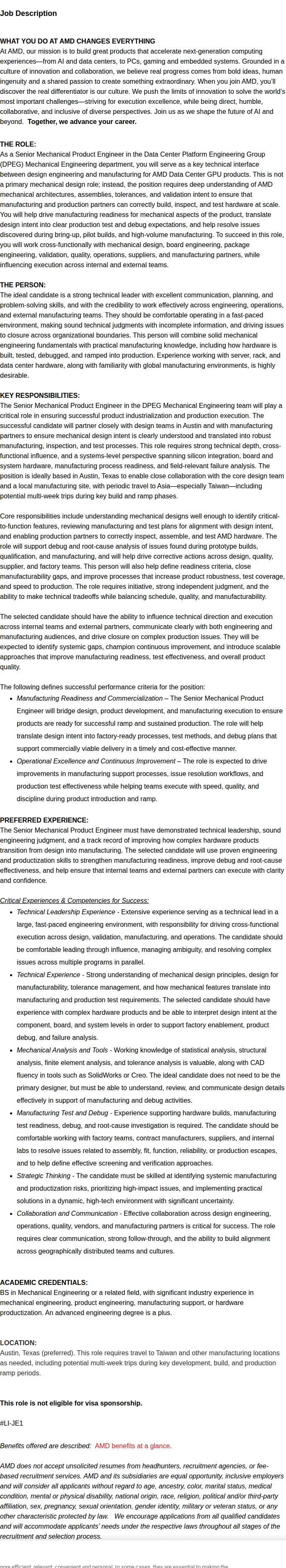 AMD Senior Mechanical Product Engineer 채용공고