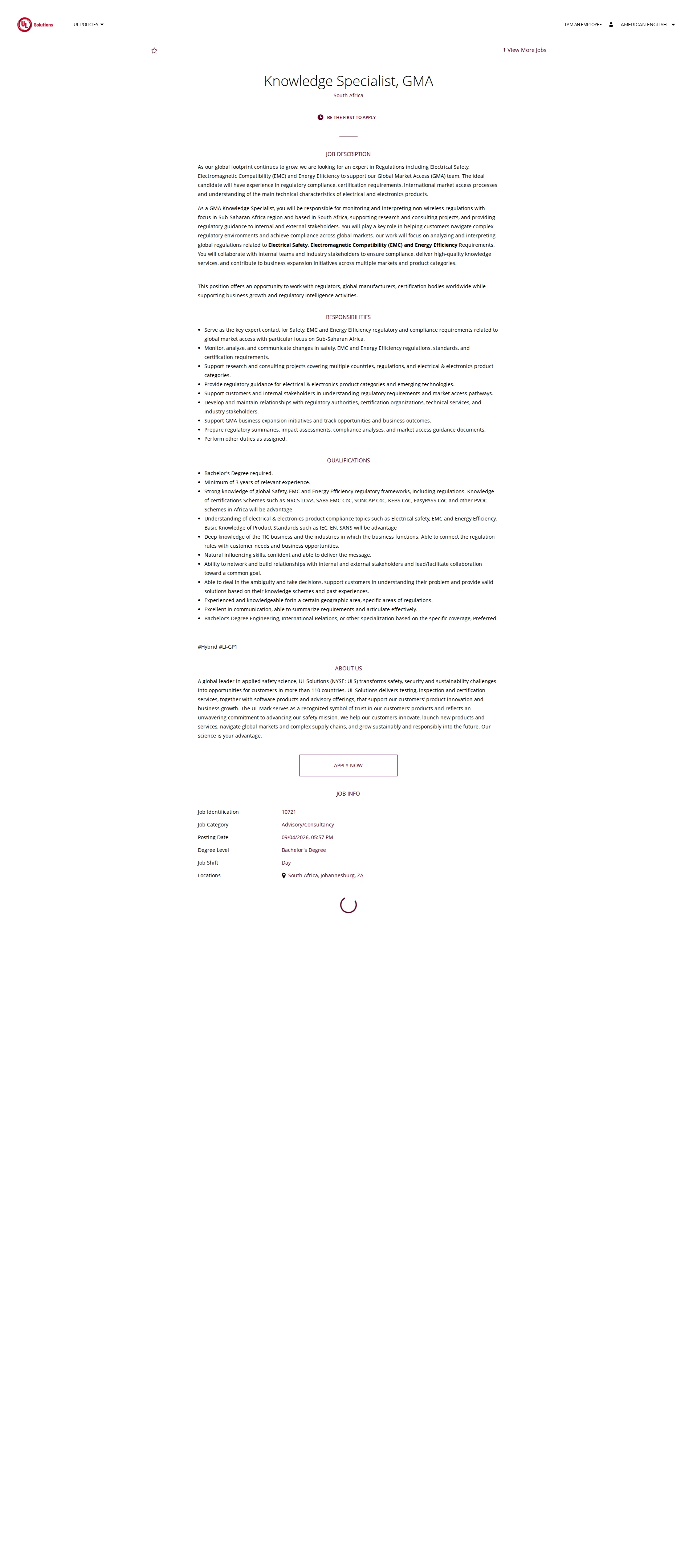 UL Solutions Knowledge Specialist, GMA 채용공고