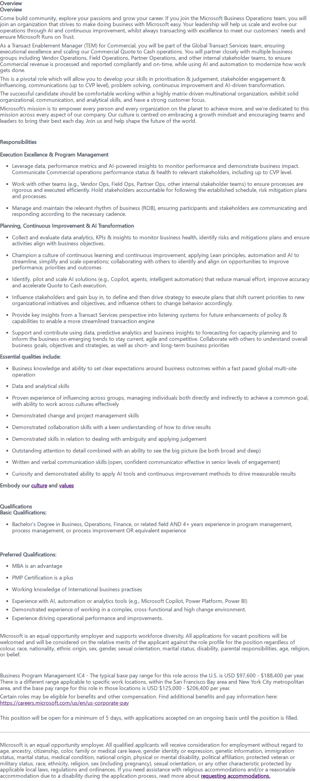 마이크로소프트(Microsoft) TRANSACT ENABLEMENT MANAGER 채용공고
