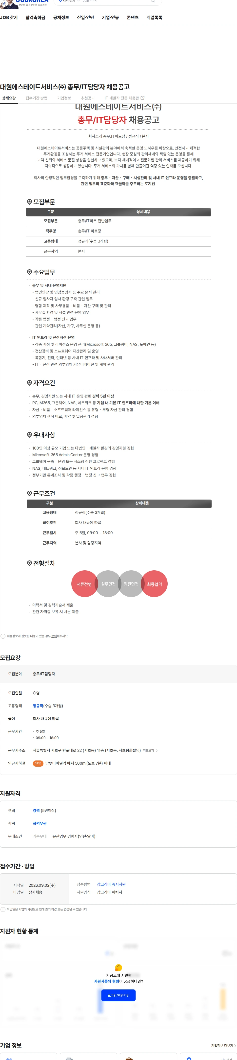 대원에스테이트서비스 대원에스테이트서비스㈜ 총무/IT담당자 채용공고 채용공고
