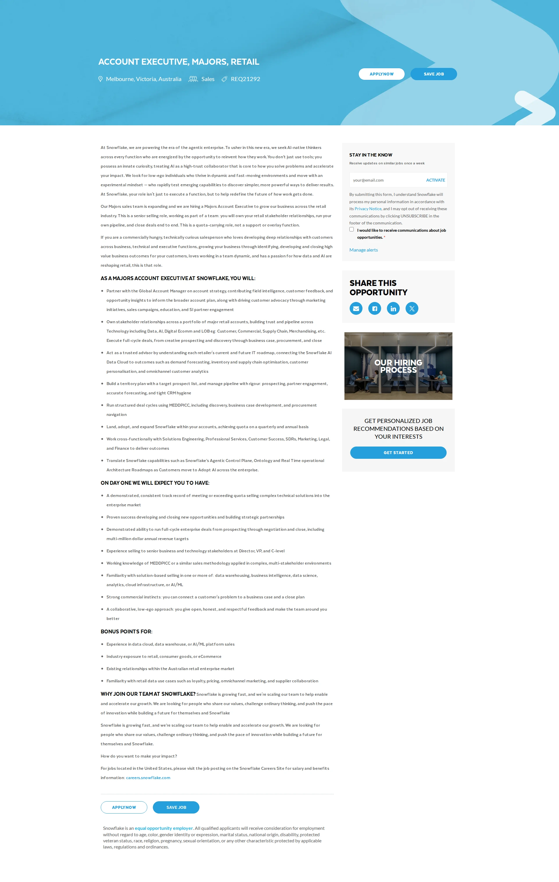 스노우플레이크 Account Executive, Majors, Retail 채용공고