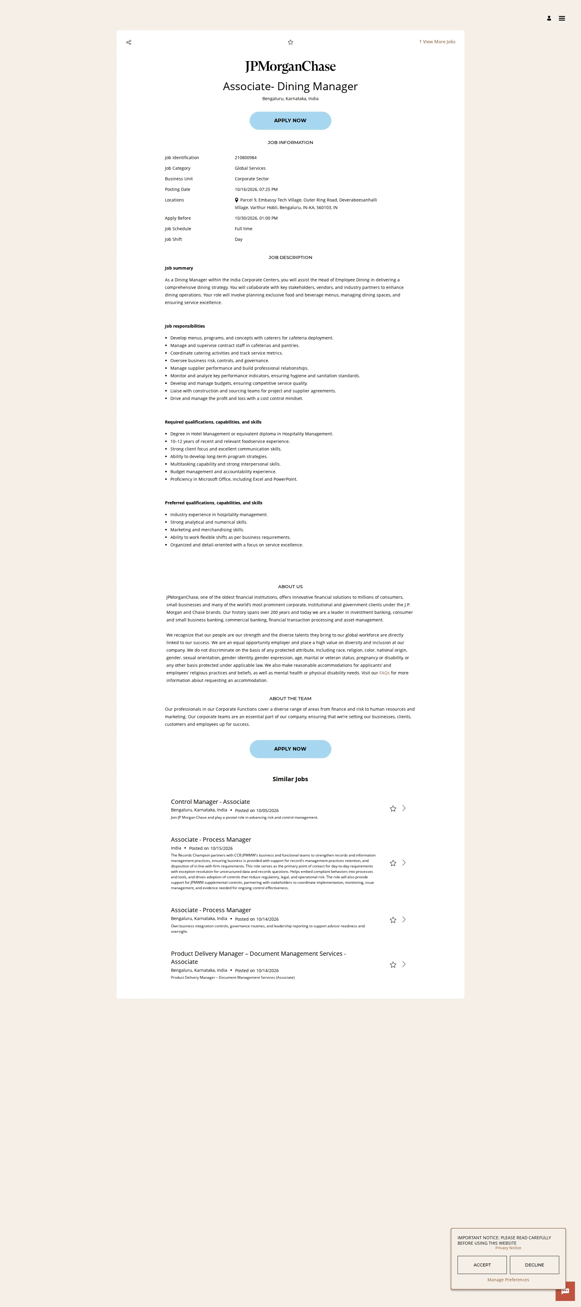 JPMorganChase Associate- Dining Manager 채용공고