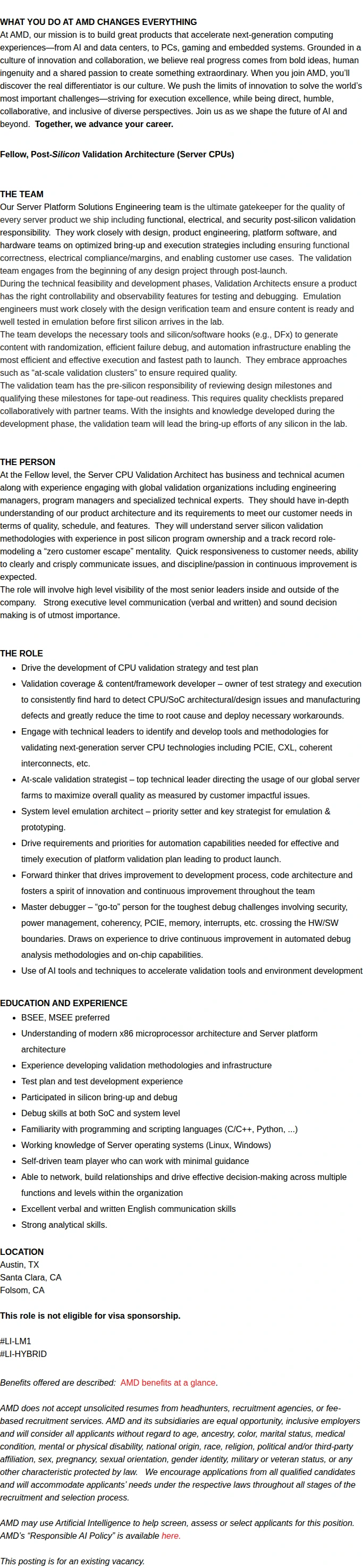 AMD Fellow, Server CPU / Post Silicon Architect 채용공고