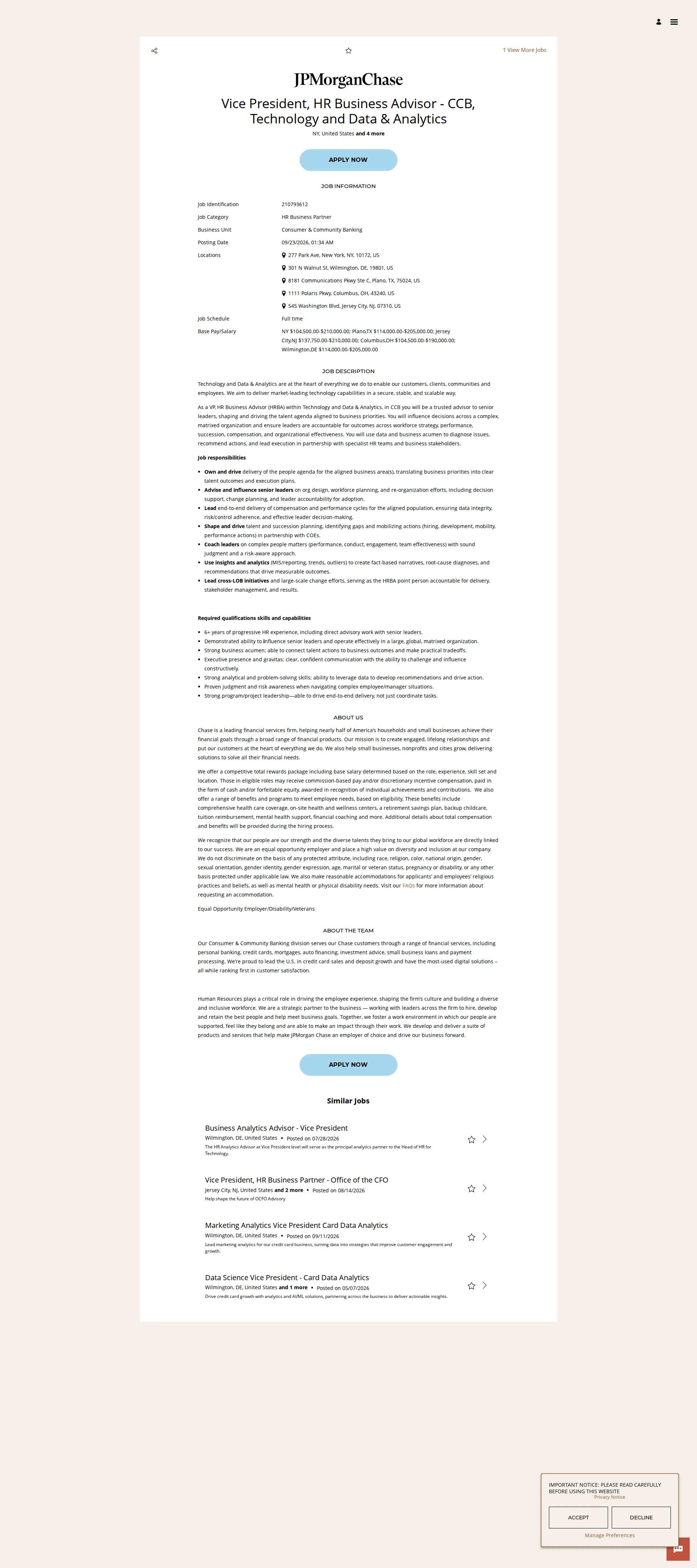 JPMorganChase Vice President, HR Business Advisor - CCB, Technology and Data & Analytics 채용공고