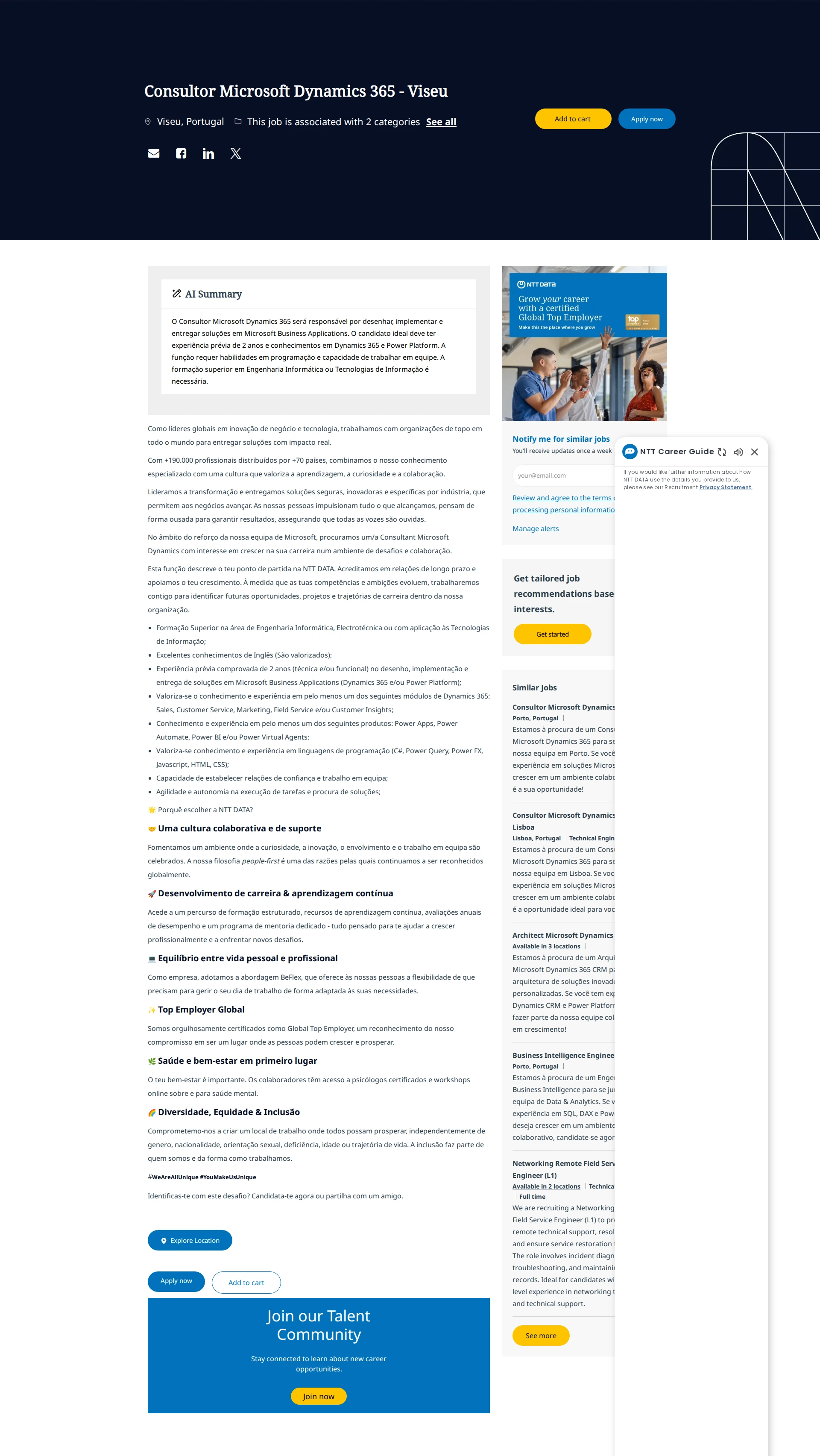 NTT데이터 Consultor Microsoft Dynamics 365 - Viseu 채용공고